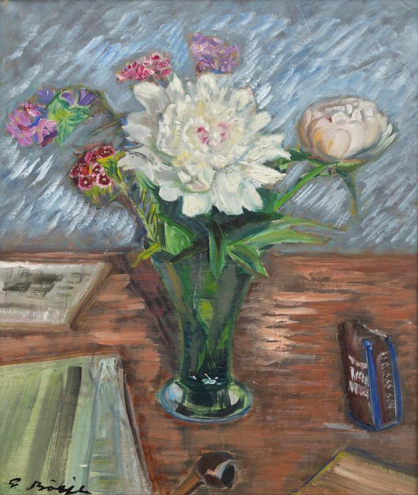 Charmante nature morte suédoise encadrée du 20e siècle, peinte à l'huile sur toile.  toile d'une table domestique.
La scène présente un spectacle saisissant  de belles pivoines blanches teintées de rose entourées de sweet williams assis sur une