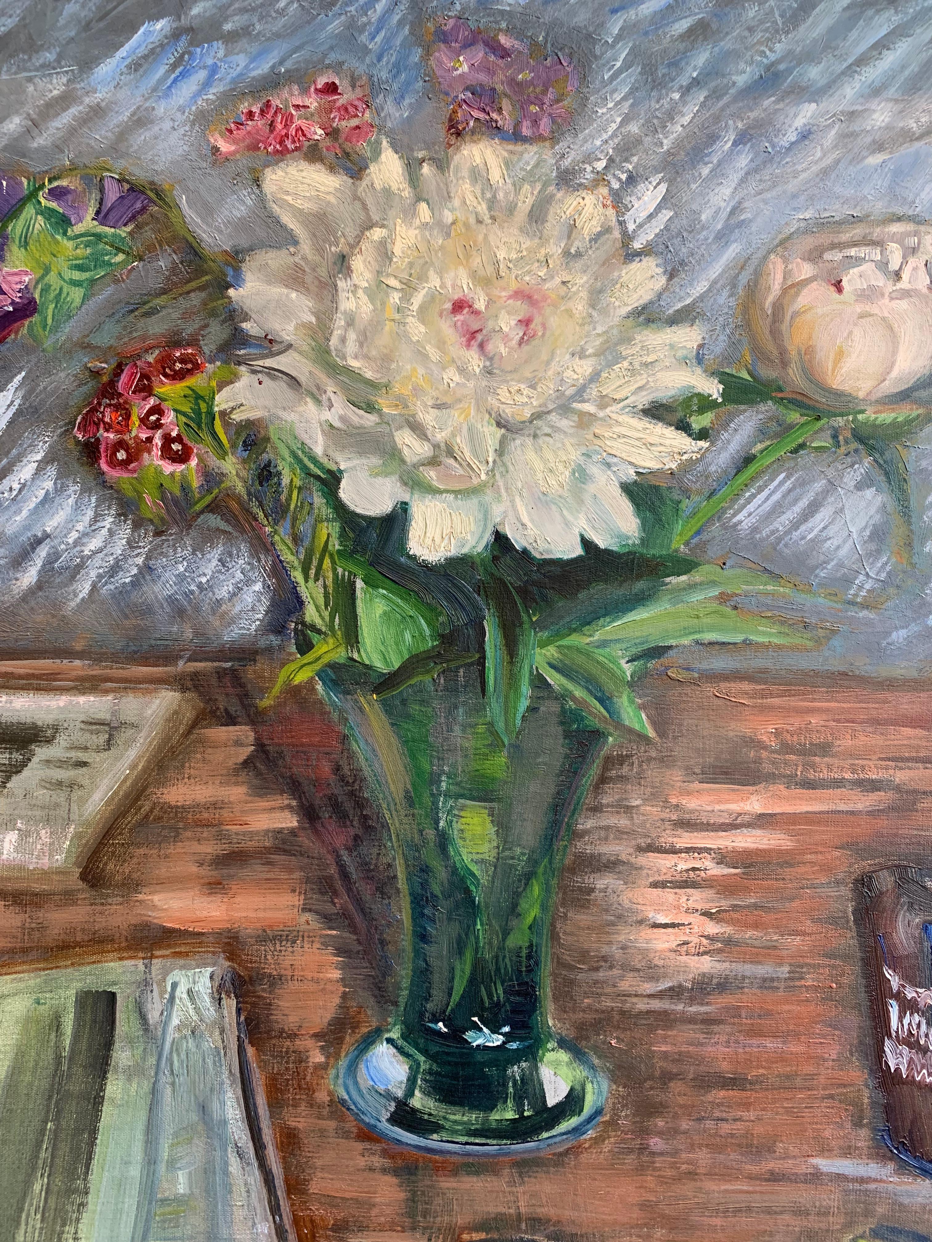 Peint à la main Peinture à l'huile suédoise des années 1930 représentant un vase de pivoines en vente