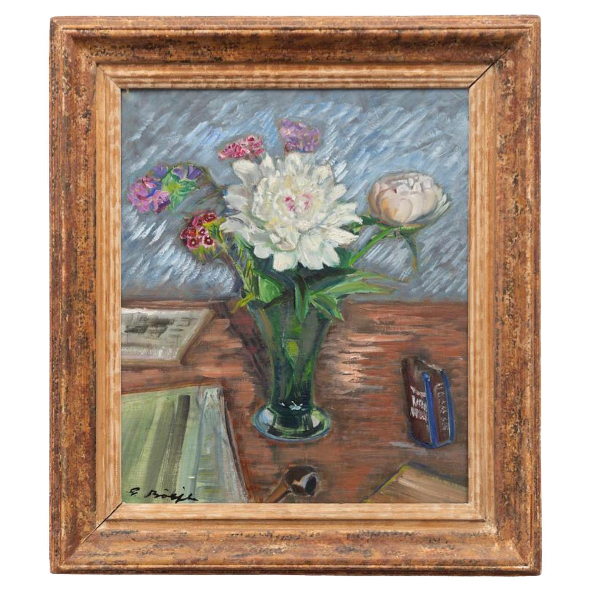 1930s Swedish oil painting of a Vase of Peonies