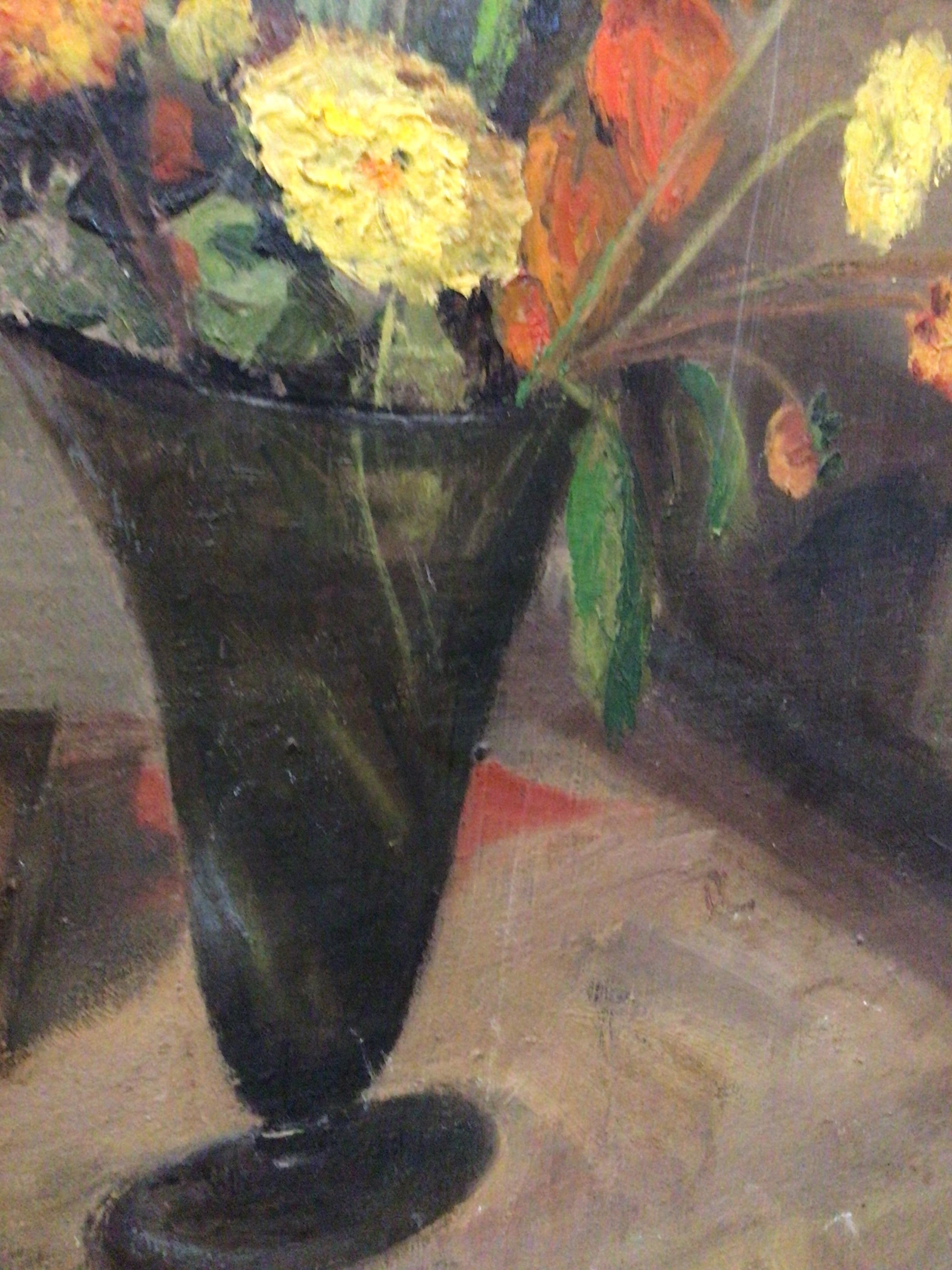 1930s Swedish oil painting of interior scene with vase of flowers For Sale 3
