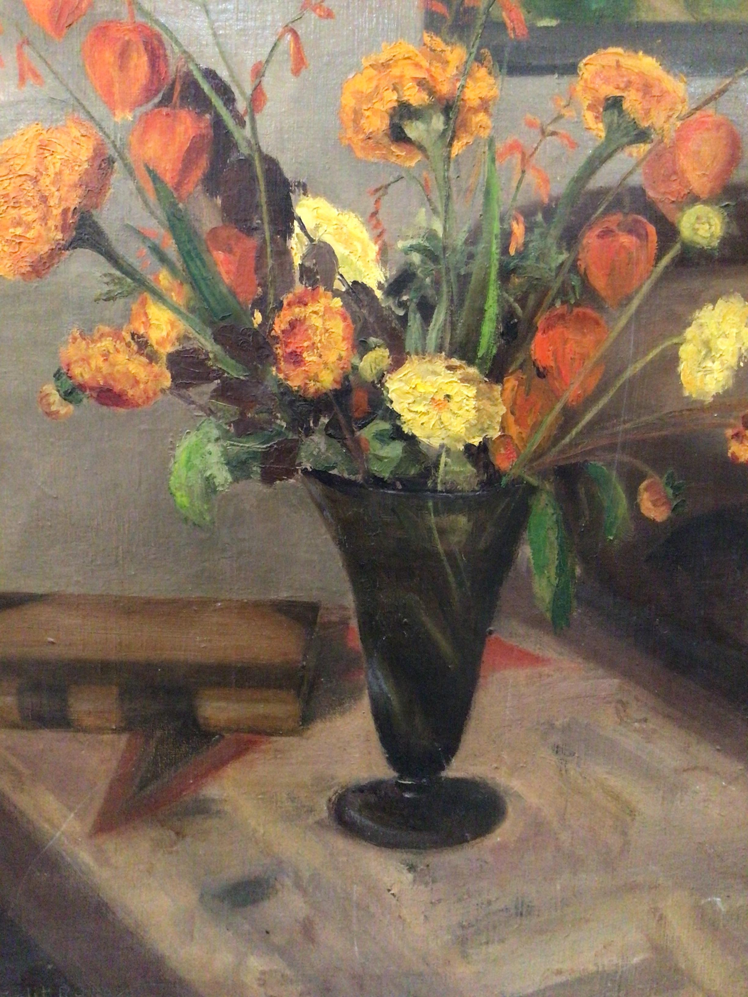 1930s Swedish oil painting of interior scene with vase of flowers For Sale 4
