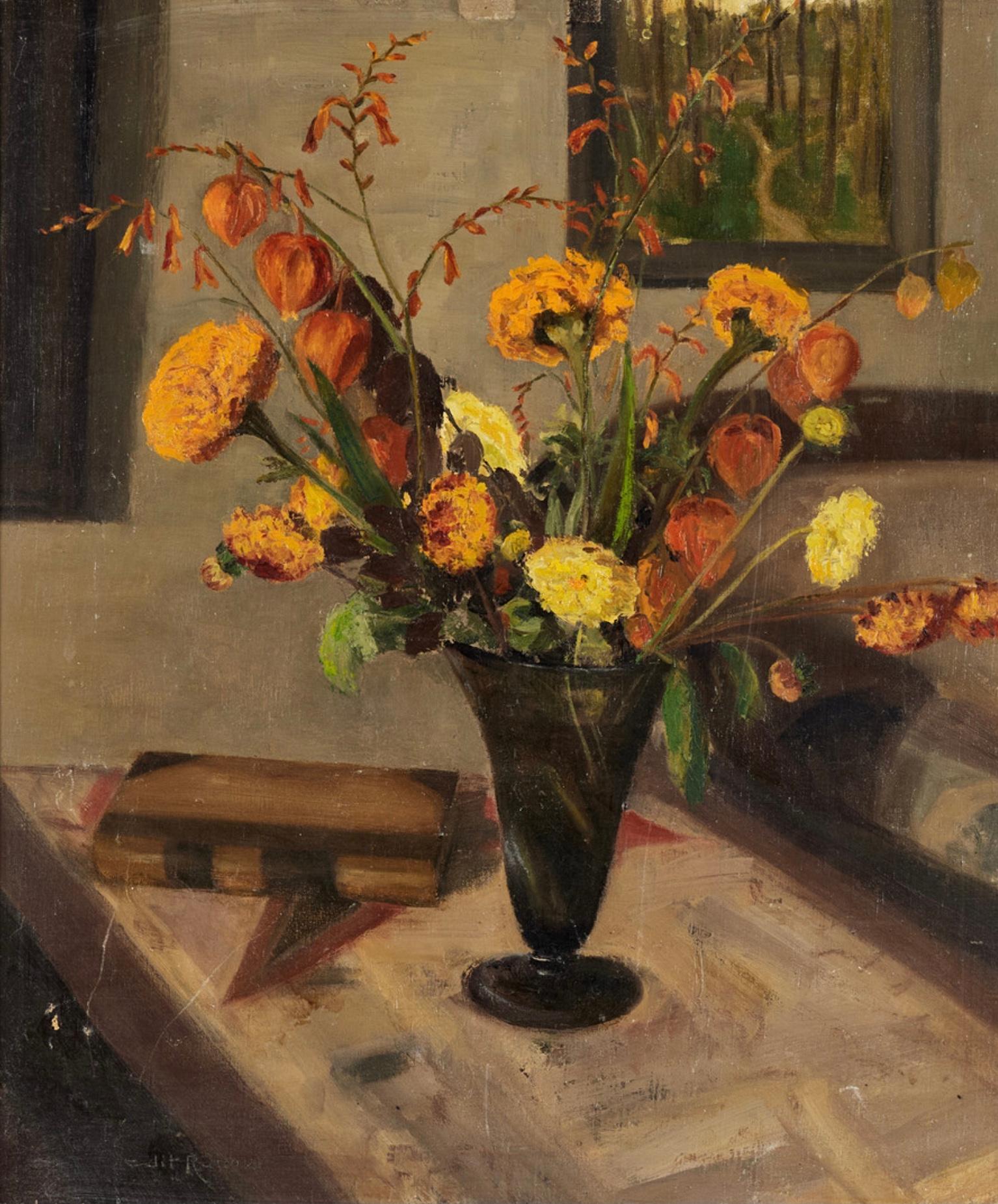 A charming 1930's swedish oil painting on canvas of an interior scene.
The flowers in a vase are painted in tones of gold, orange and yellow are on a table in the foreground beside a book help create a glowing warmth to the domestic interior scene.