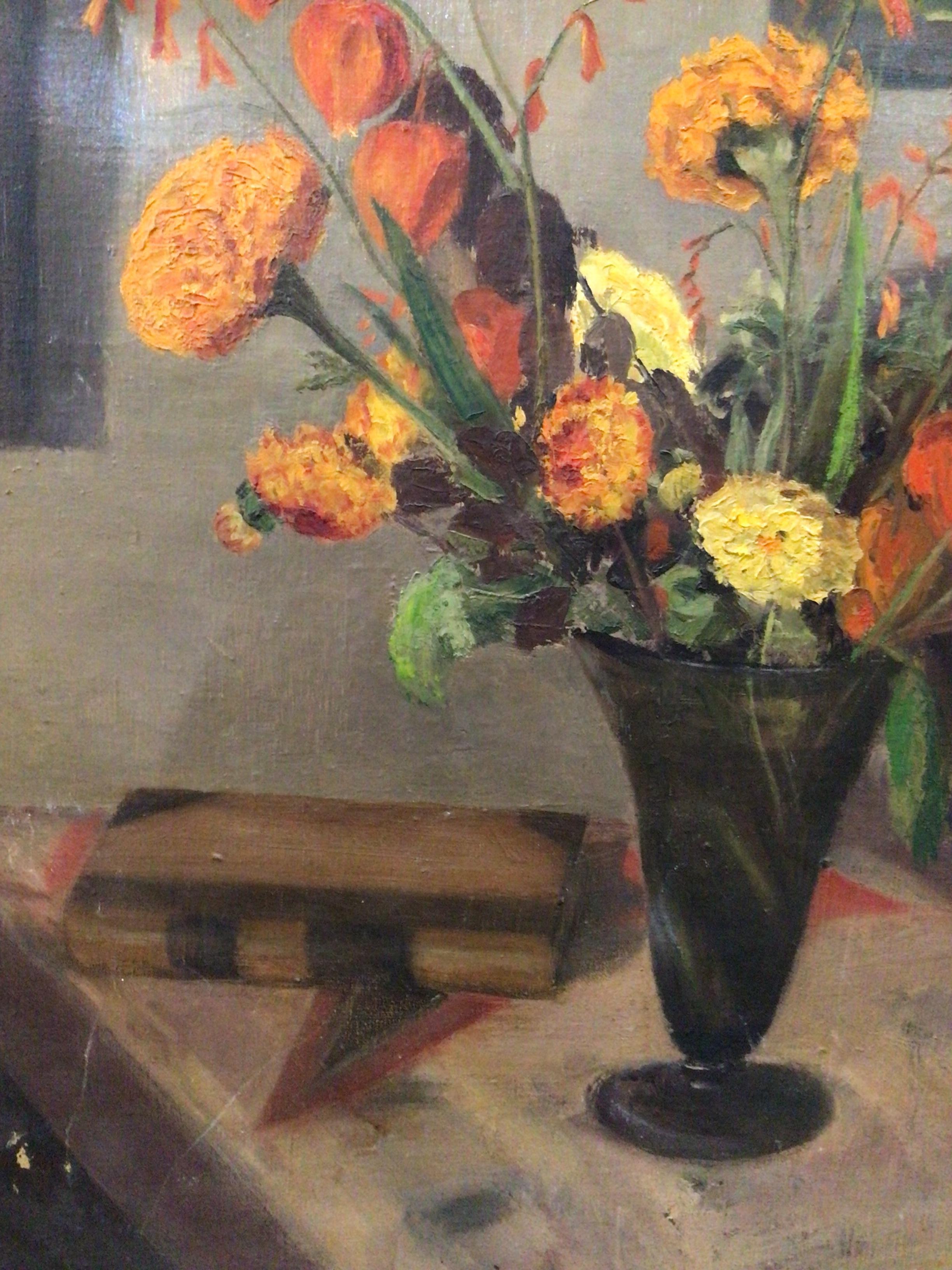 1930s Swedish oil painting of interior scene with vase of flowers In Good Condition For Sale In London, GB