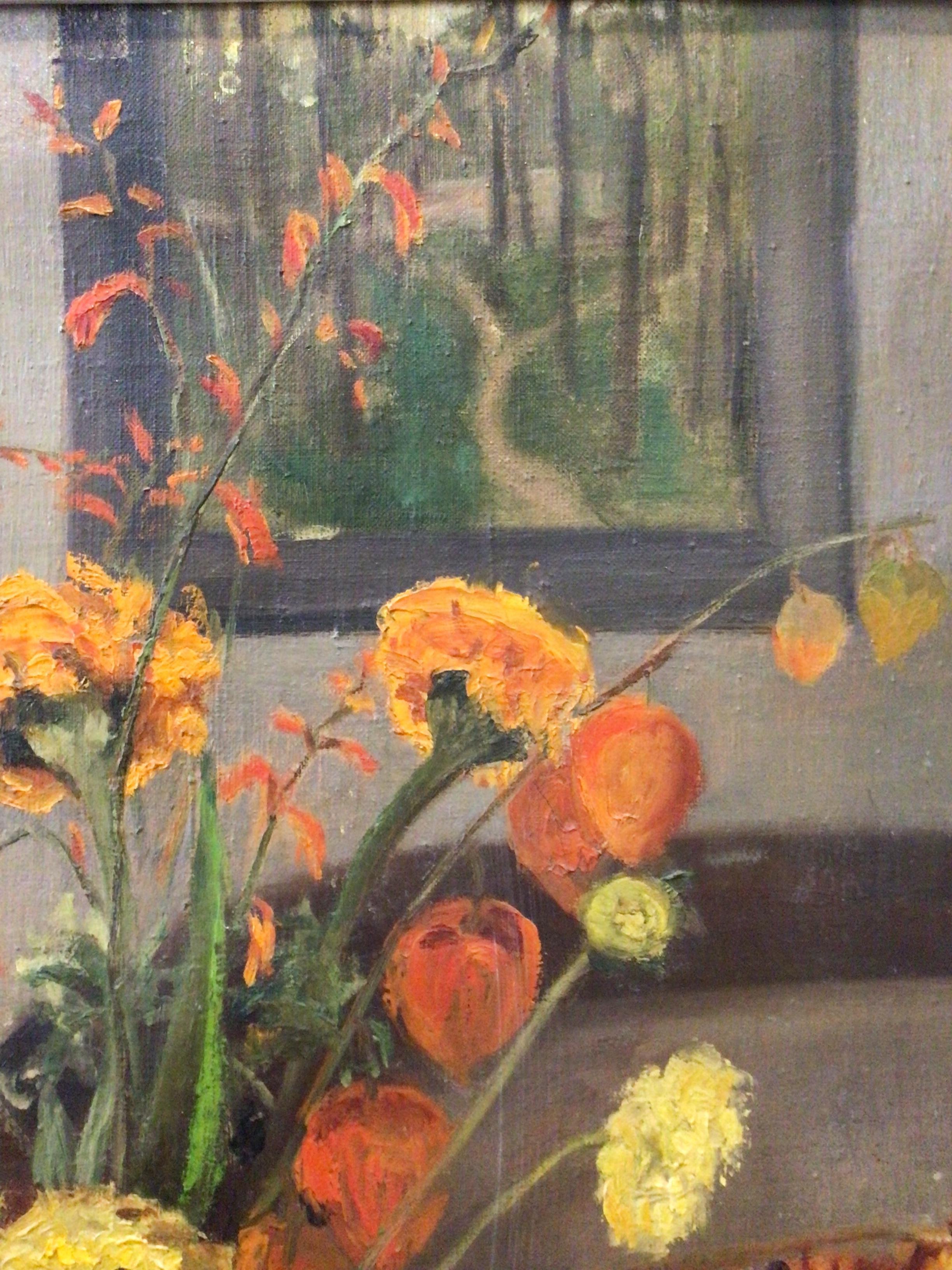 Mid-20th Century 1930s Swedish oil painting of interior scene with vase of flowers For Sale