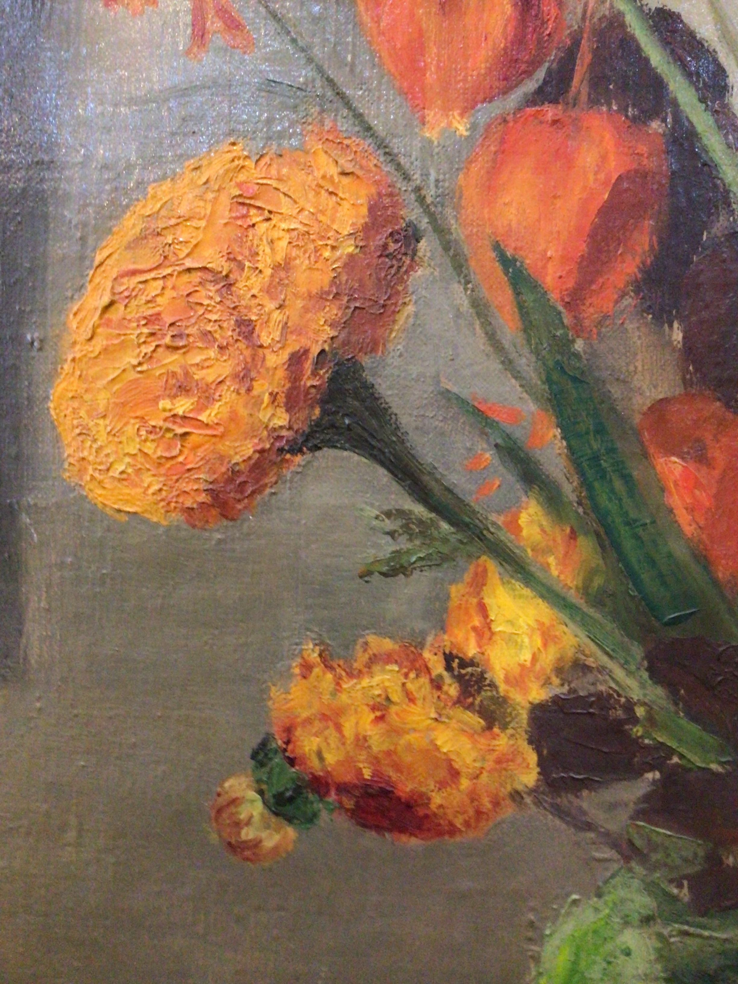 Canvas 1930s Swedish oil painting of interior scene with vase of flowers For Sale