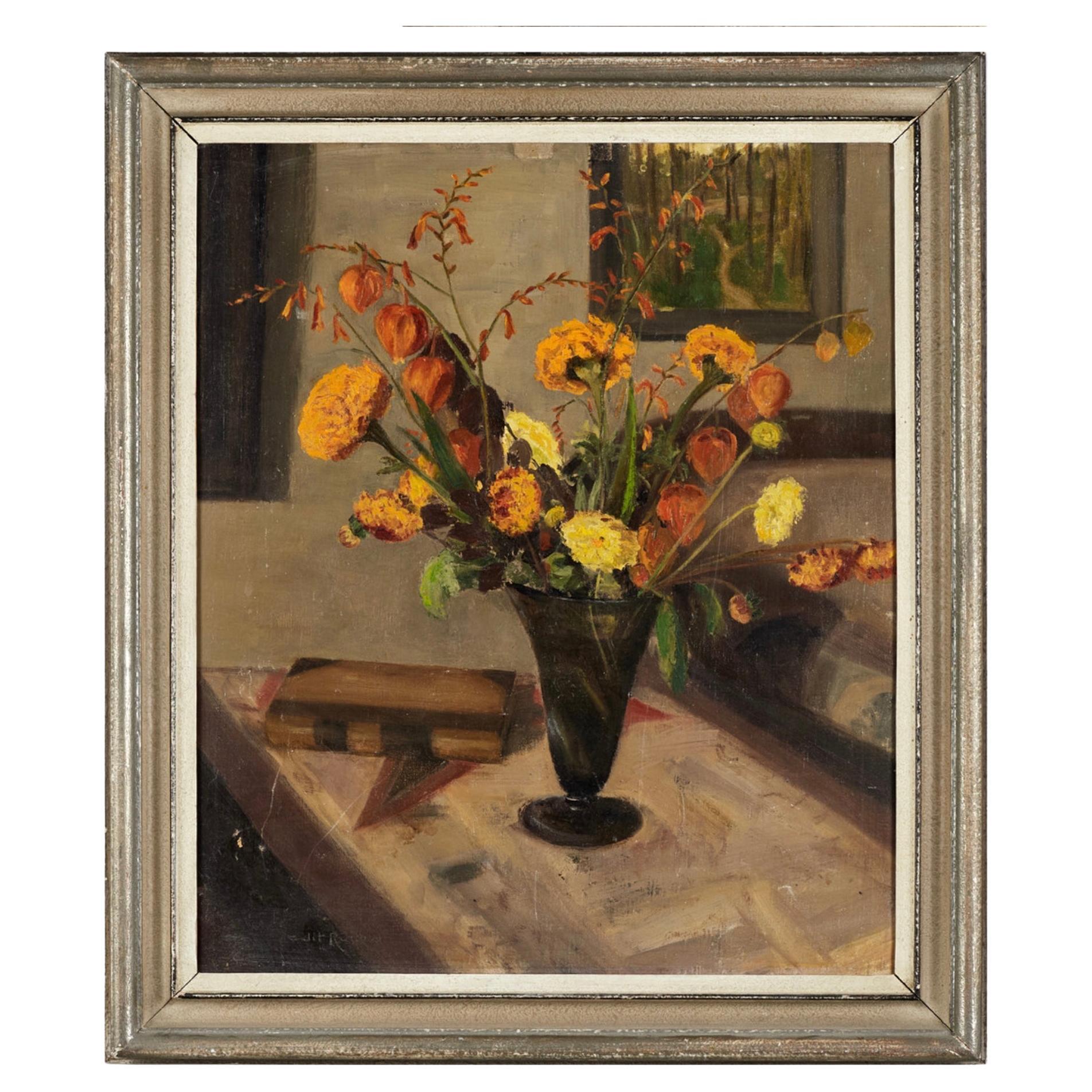 1930s Swedish oil painting of interior scene with vase of flowers For Sale