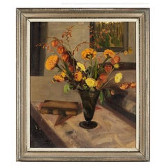 1930s Swedish oil painting of interior scene with vase of flowers