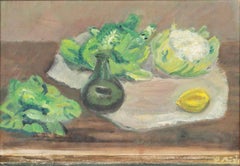 Peinture à l'huile suédoise des années 1930 Nature morte aux choux et au citron