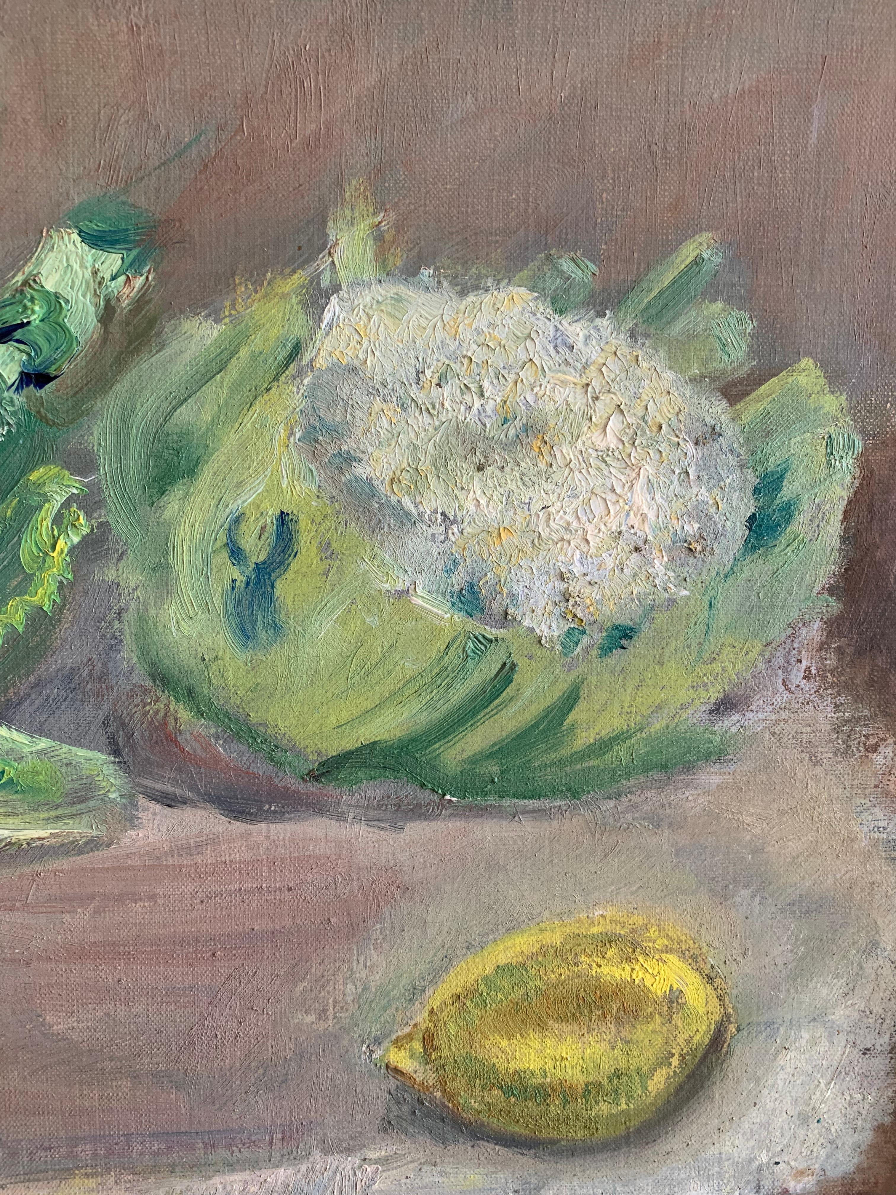 Metà XX secolo Dipinto ad olio svedese degli anni '30 con natura morta di cavoli e limone in vendita