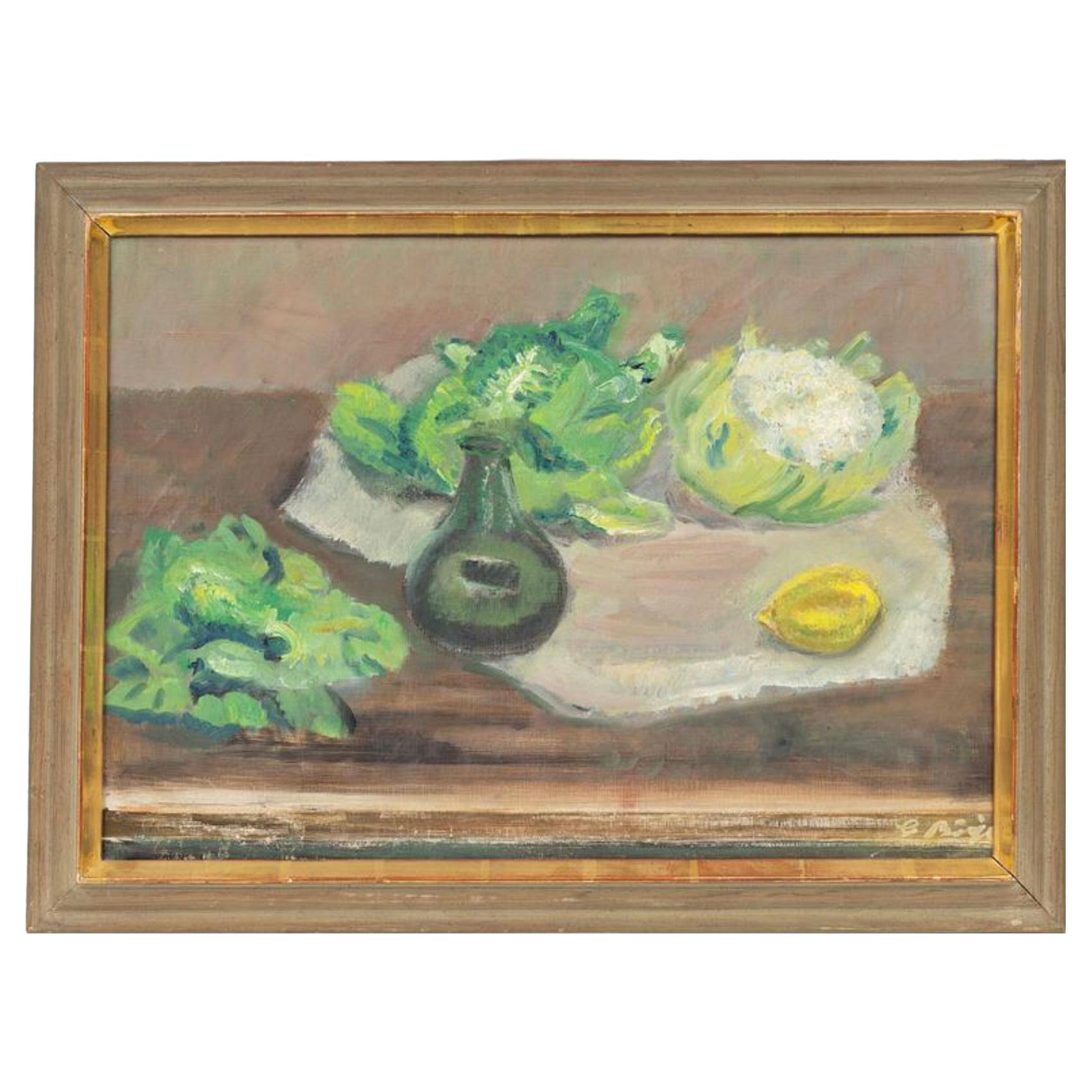 1930s Swedish oil painting still life of cabbages and lemon