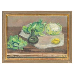1930s Swedish oil painting still life of cabbages and lemon