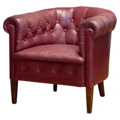 1930s Swedish Red-Brown Leather Chesterfield Armchair – Beautiful Patina