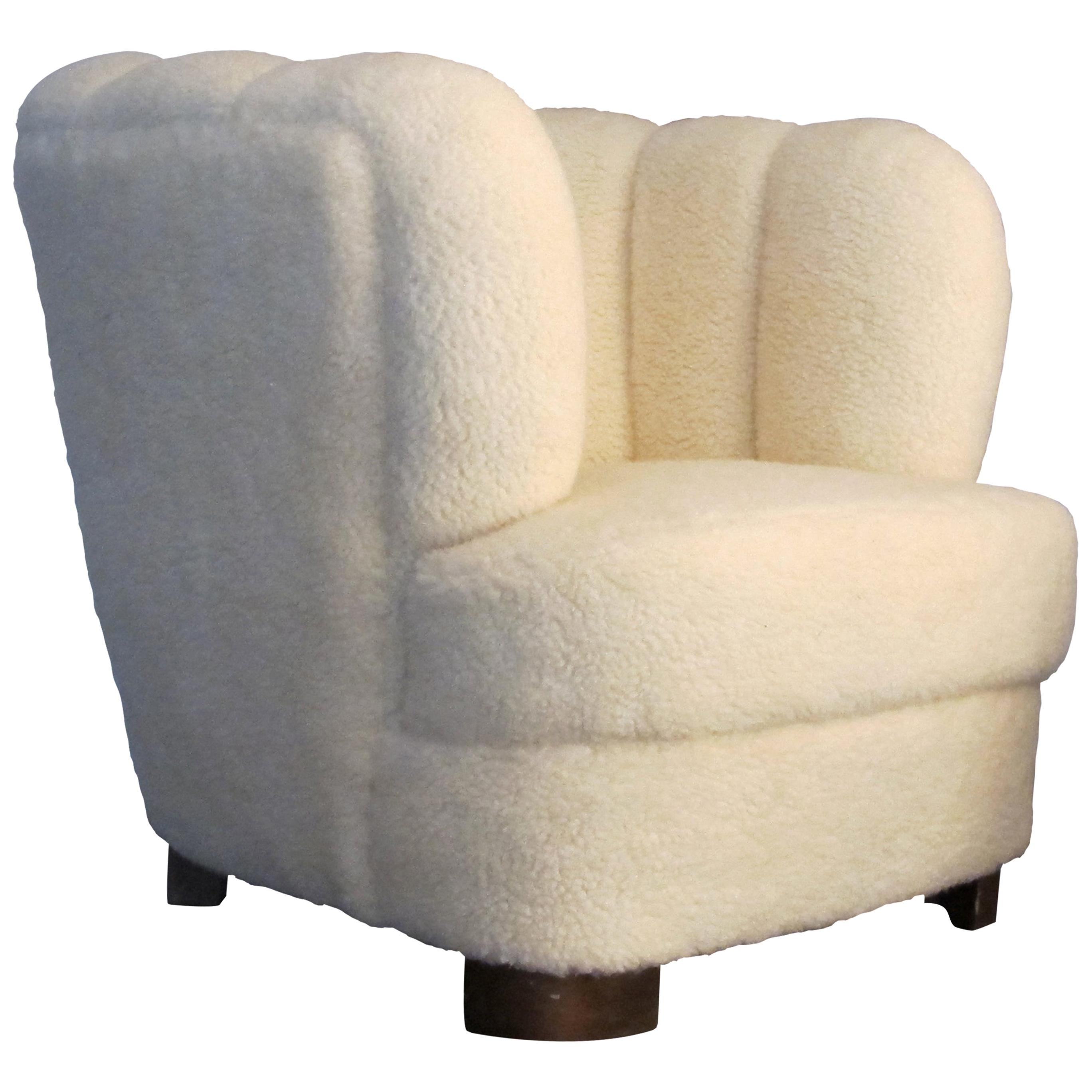 1930s Swedish Snug Art Deco Club Armchair Newly Upholstered in Lambskin Fabric