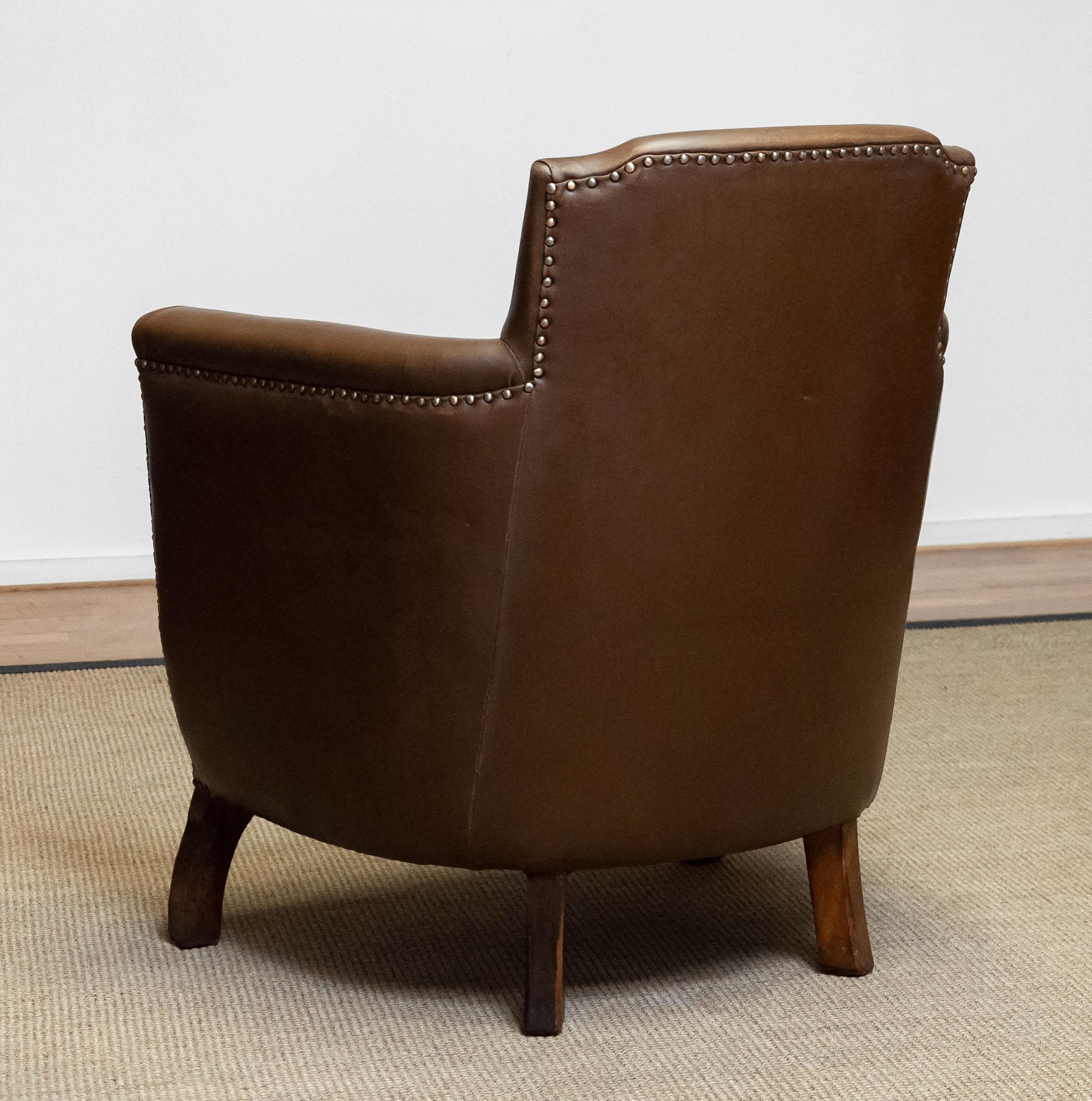Metal 1930s Swedish Tan / Brown Nailed Leather Lounge Chair By Otto Schultz For Boet For Sale