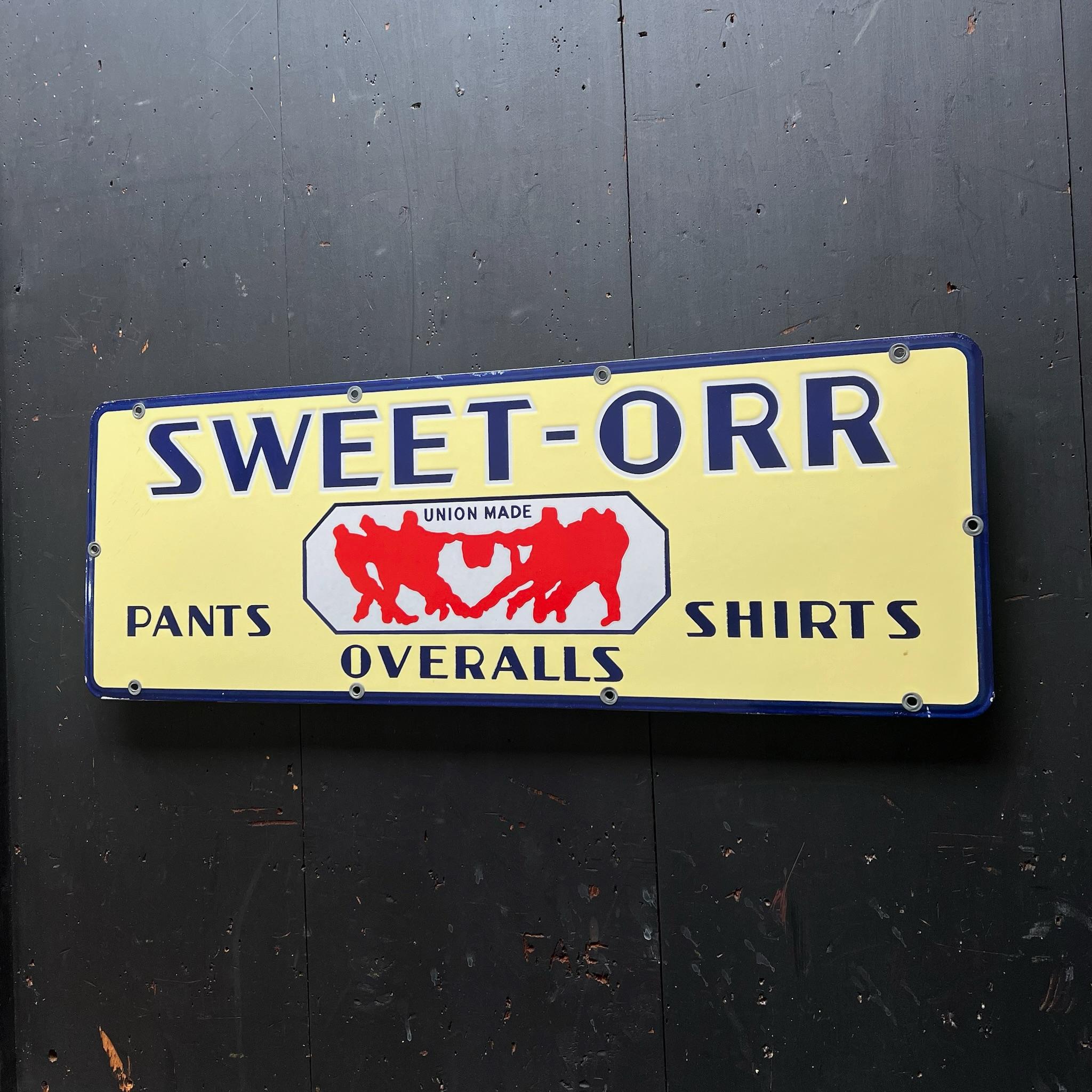 American 1930s Sweet Orr Pants Shirts & Overalls N.O.S. Porcelain General Store Sign. For Sale