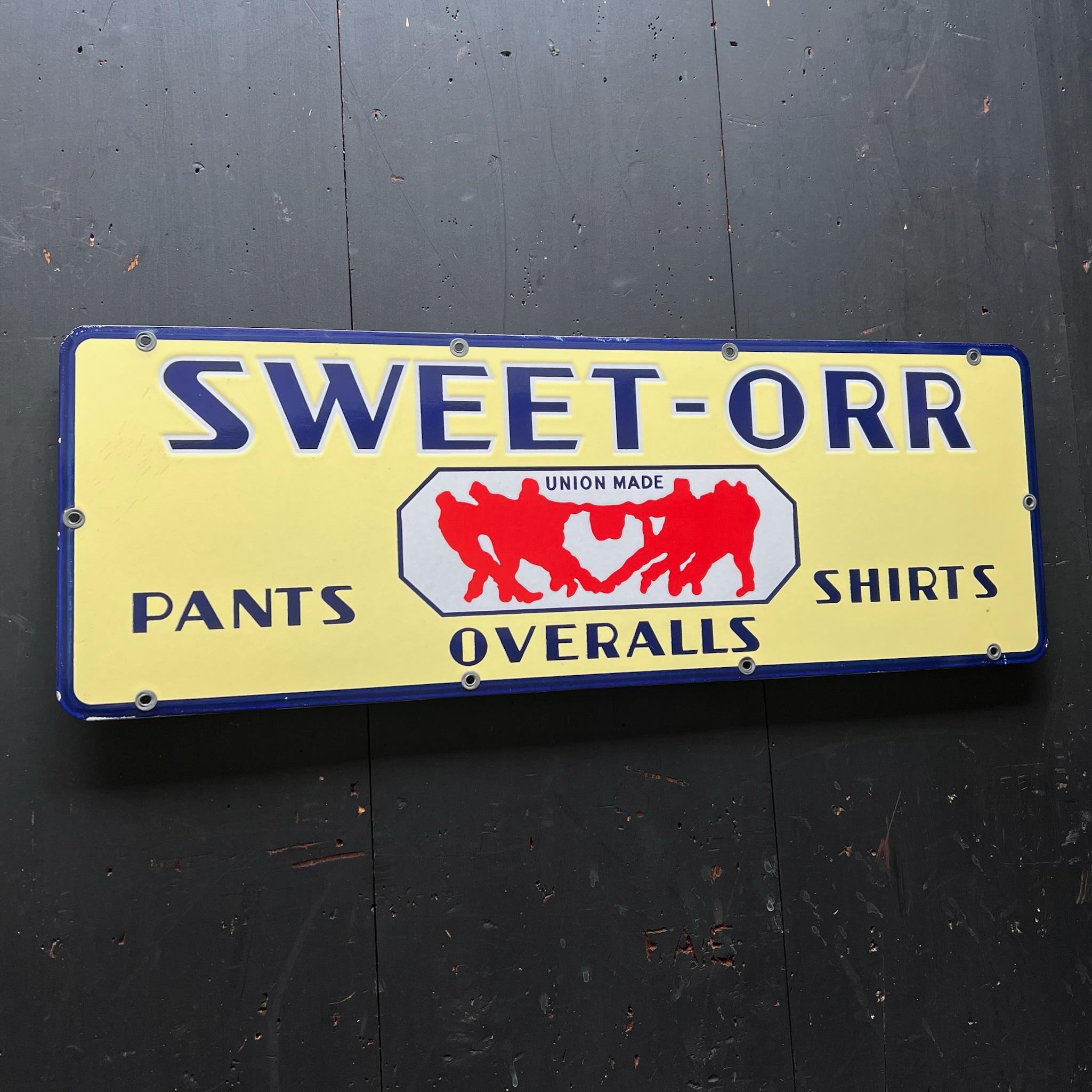 1930s Sweet Orr Pants Shirts & Overalls N.O.S. Porcelain General Store Sign. In Excellent Condition For Sale In Lancaster, PA