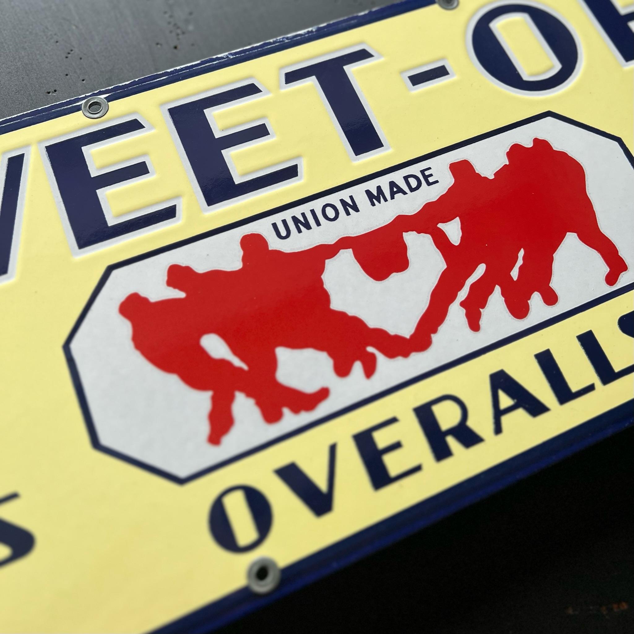 Metal 1930s Sweet Orr Pants Shirts & Overalls N.O.S. Porcelain General Store Sign. For Sale