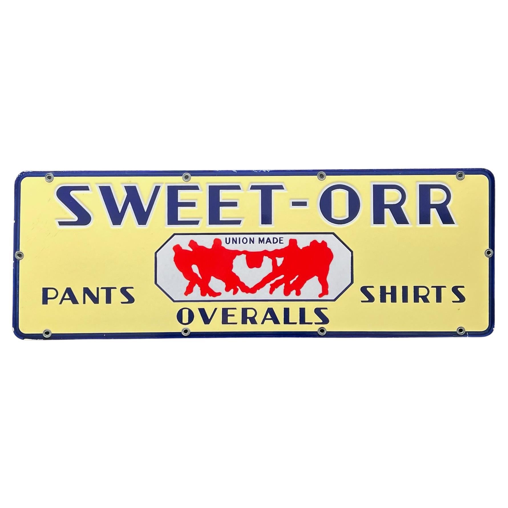 1930s Sweet Orr Pants Shirts & Overalls N.O.S. Porcelain General Store Sign. For Sale