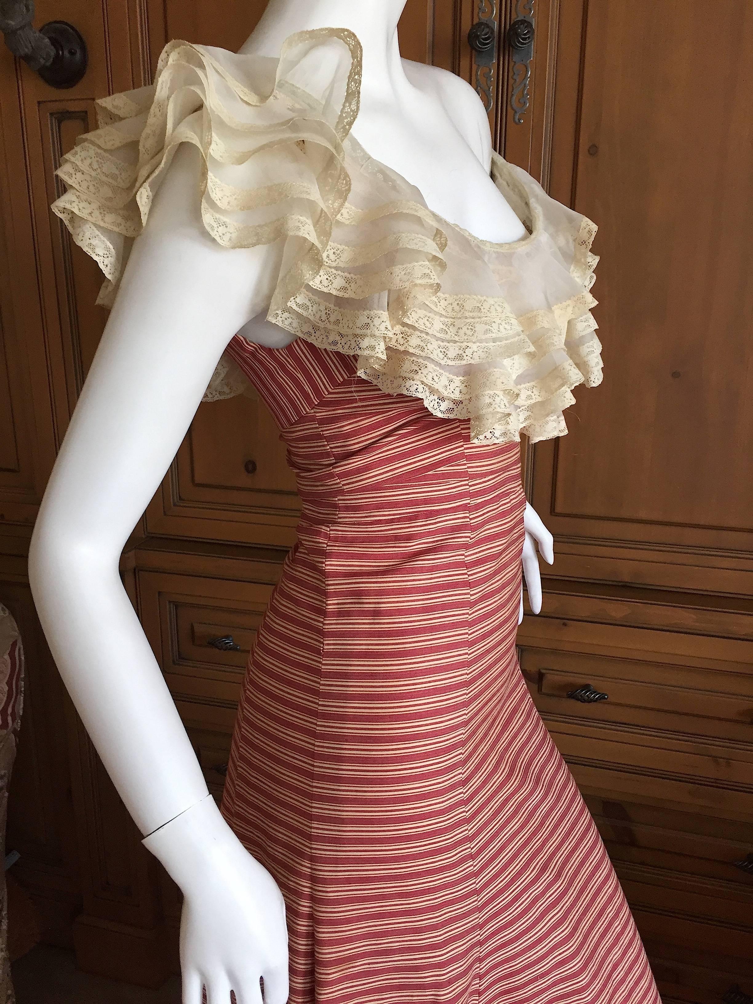 Pink 1930's Sweet Stripe Day Dress with Lace Bust and Hem