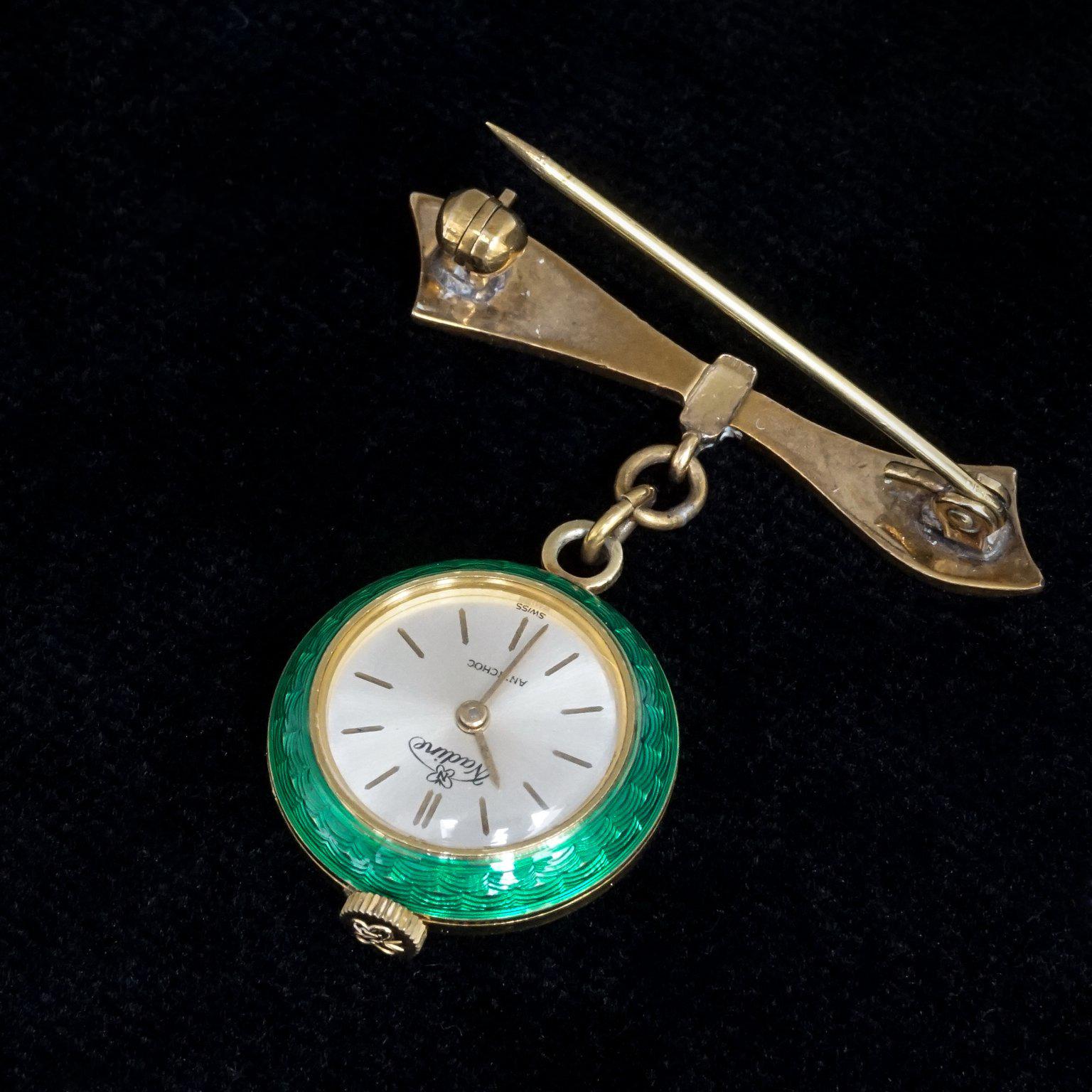 Enameled 1930s Swiss Watch Brooch by Nadine with Green Guilloche Enamel on Gilt Silver