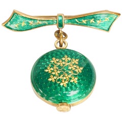 Vintage 1930s Swiss Watch Brooch by Nadine with Green Guilloche Enamel on Gilt Silver