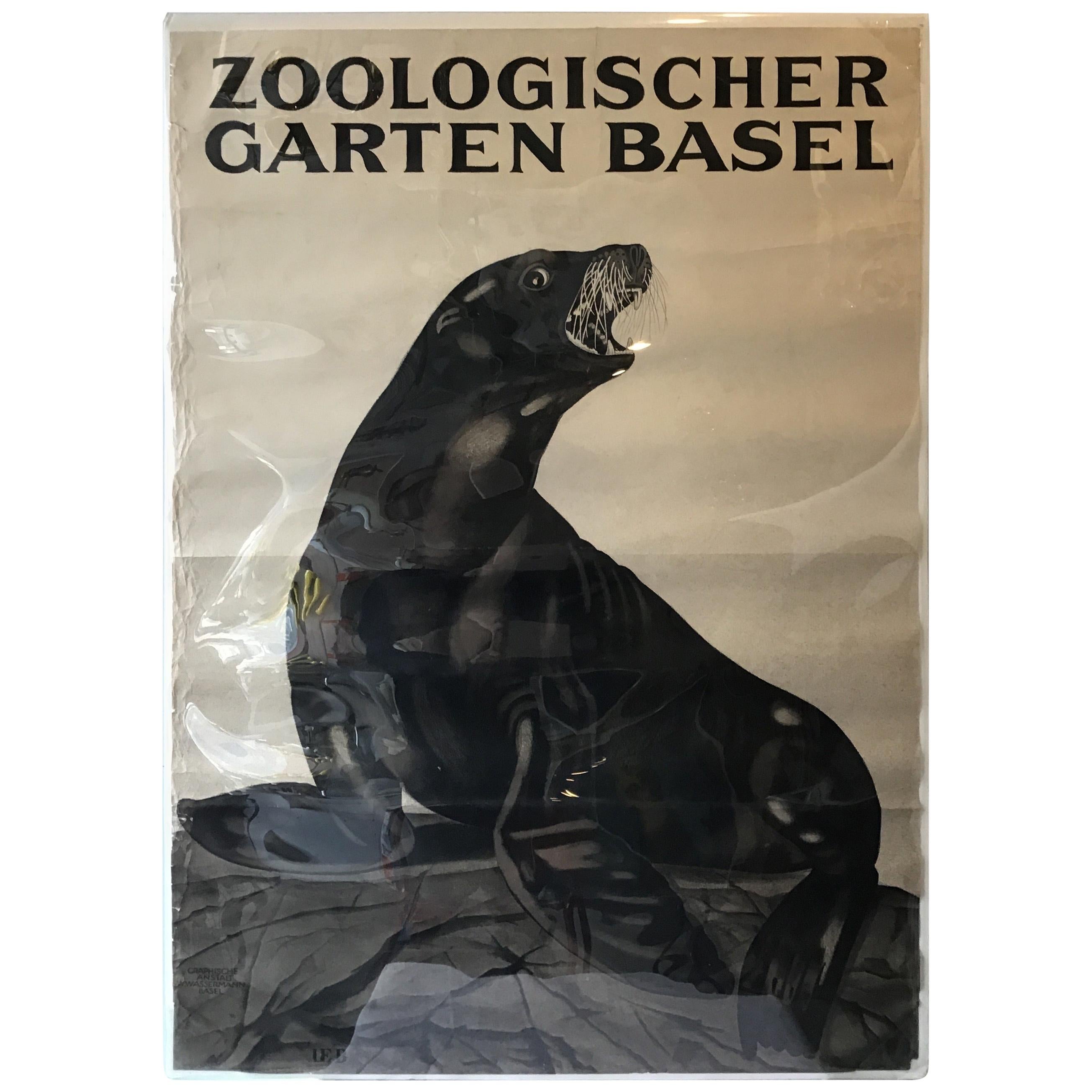 1930s Swiss Zoo Basel Seal on Rock Poster