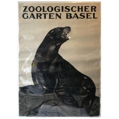 Vintage 1930s Swiss Zoo Basel Seal on Rock Poster