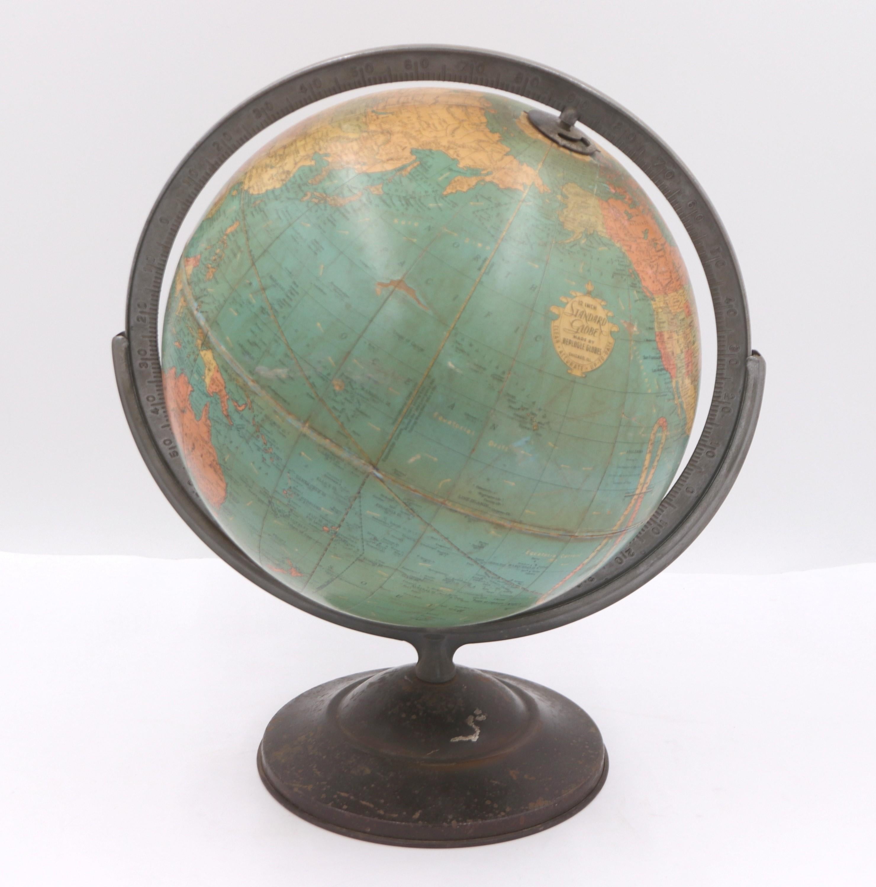 Mid-20th Century 1930s Table Globe Mounted on Base by Replogle Manufacturers