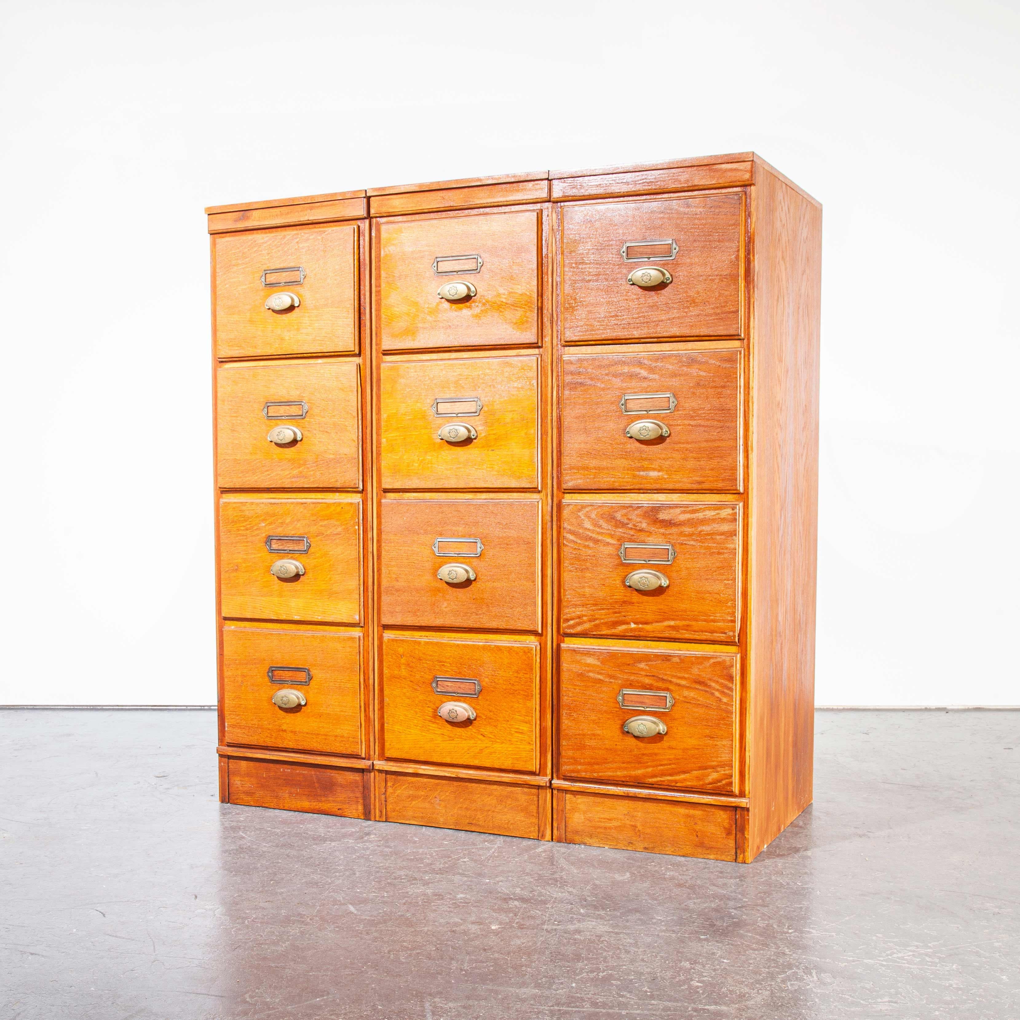Belgian 1930's Tall Oak Four Drawer Filing Cabinet - Chest Of Drawers - Three Units
