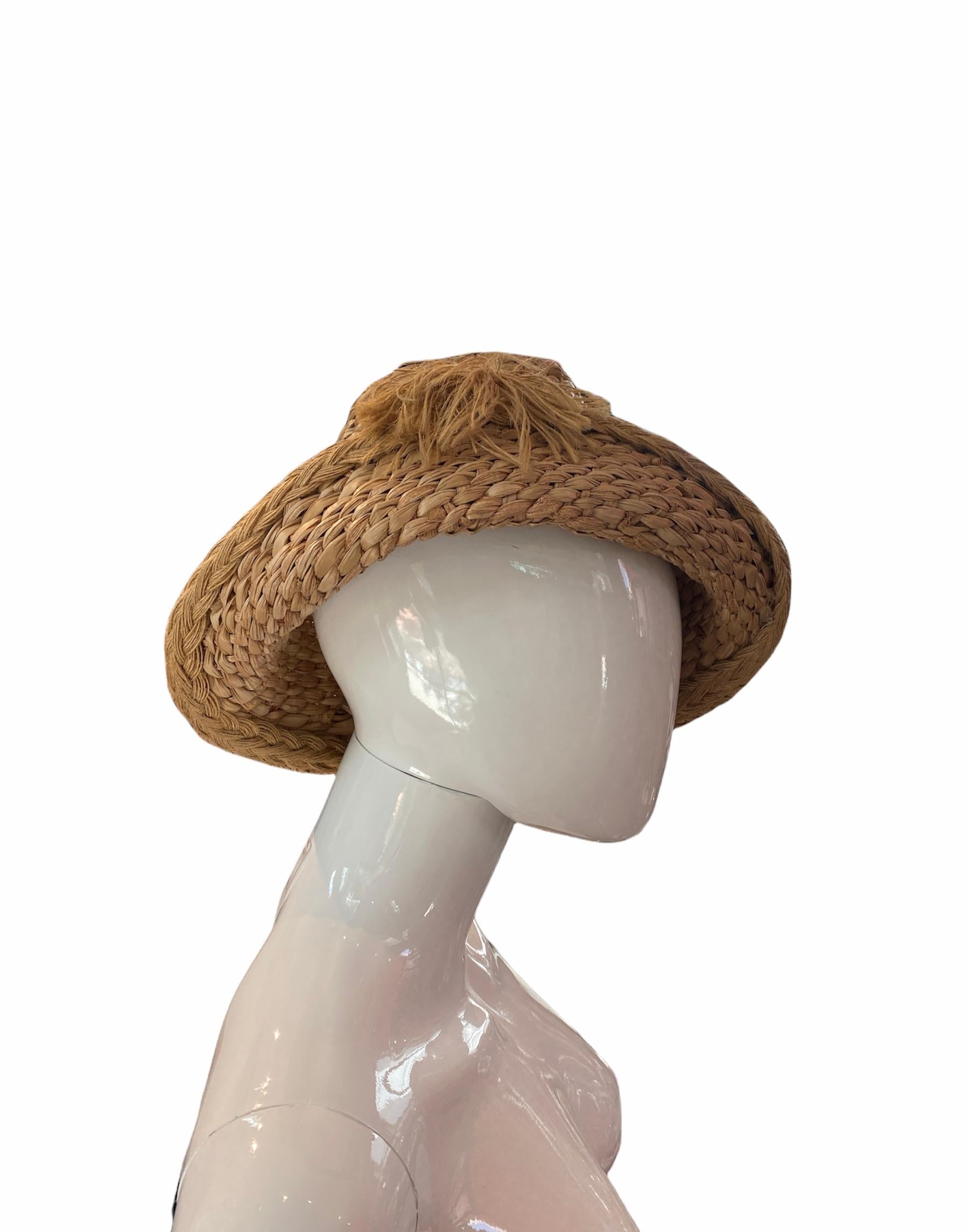 Brown 1930S Tan Hand Woven Straw Classic Tilted Asymmetrical Hat