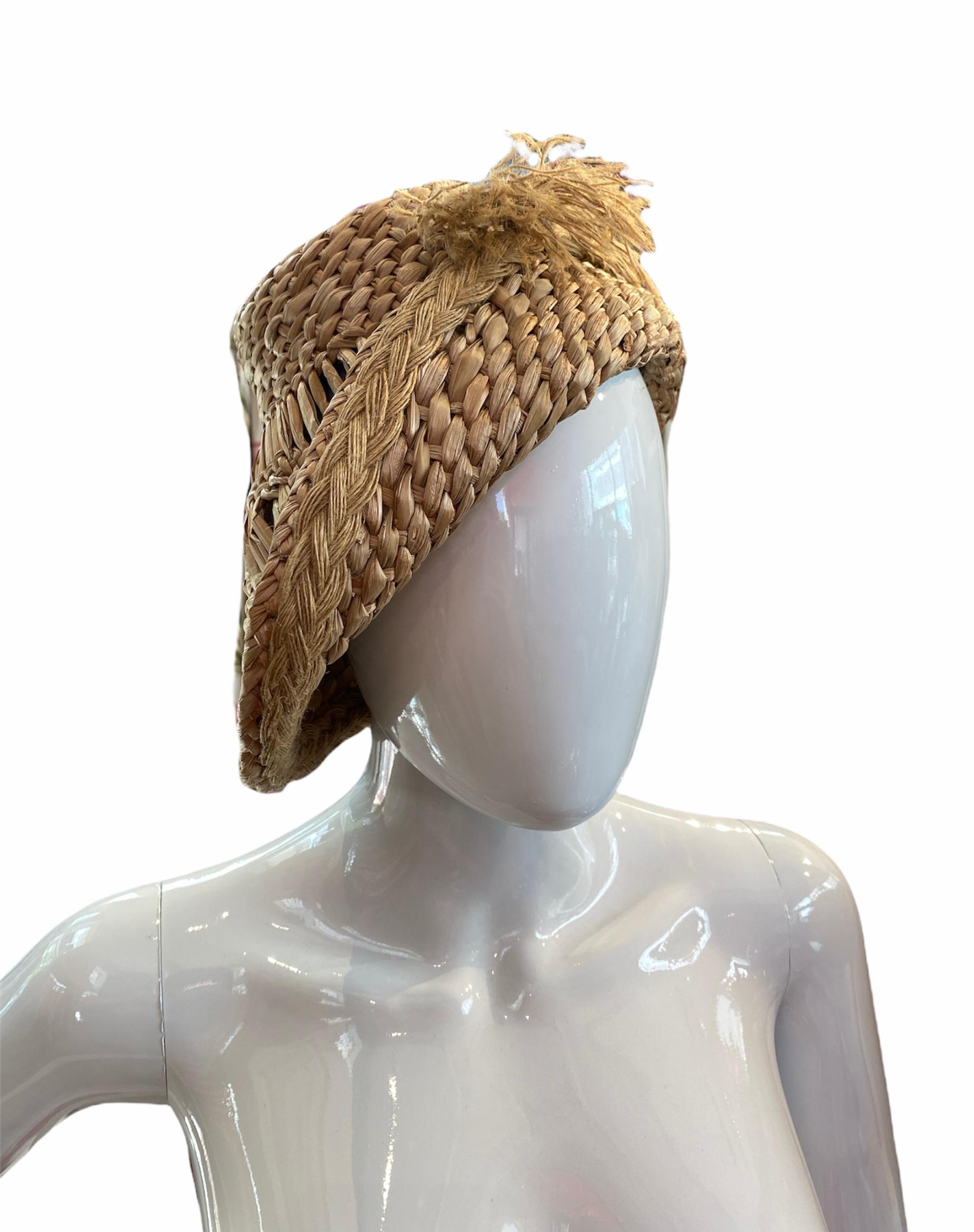 Women's 1930S Tan Hand Woven Straw Classic Tilted Asymmetrical Hat