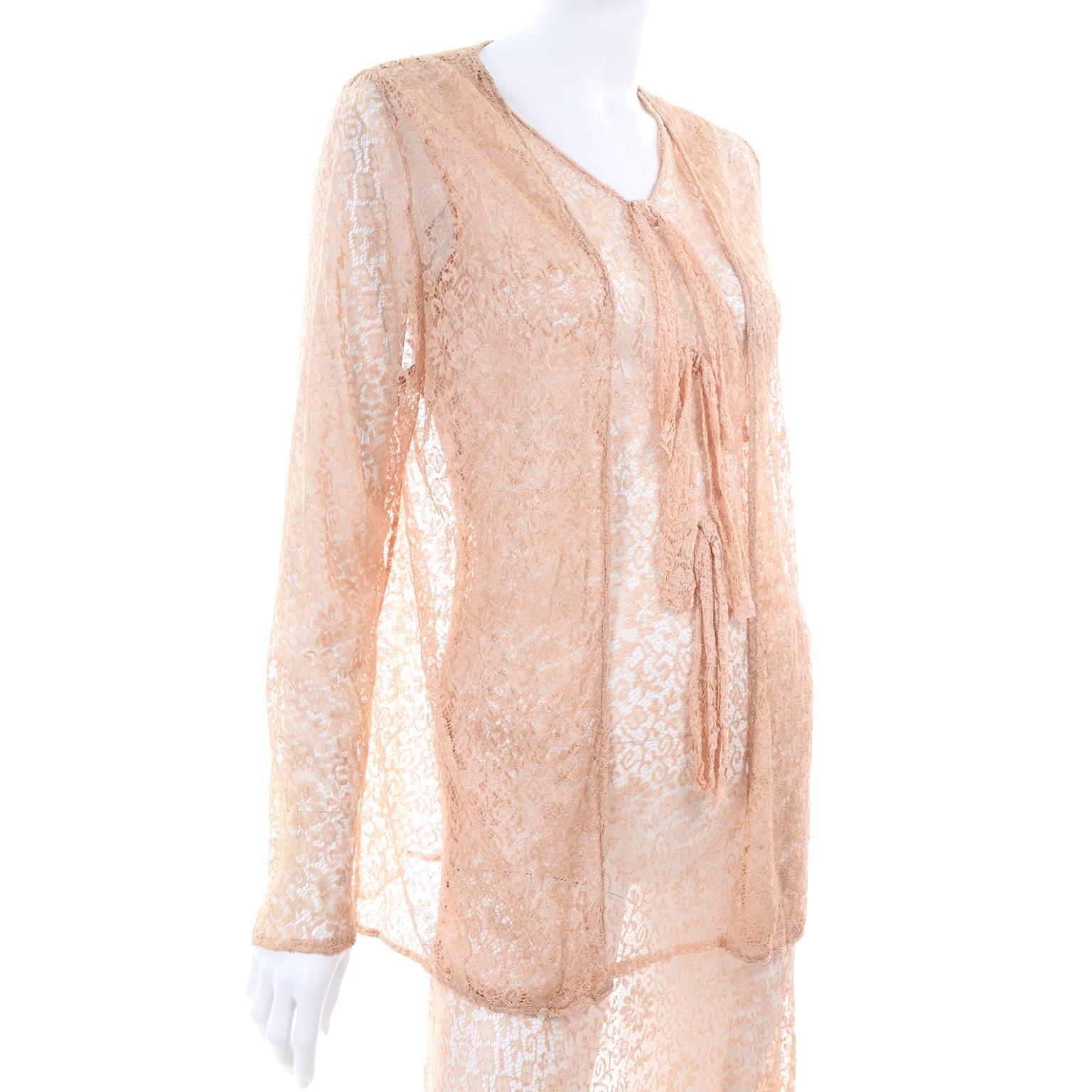 1930s Tan Peach Stretch Lace Dress With Bows and Matching Jacket 3
