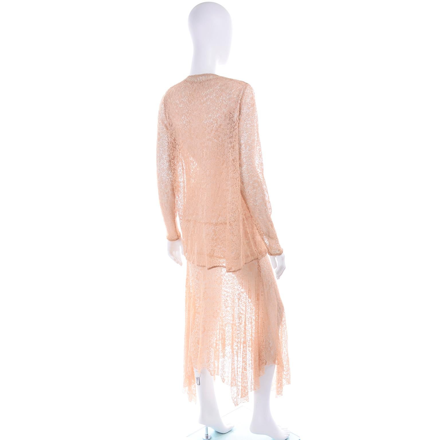 Women's 1930s Tan Peach Stretch Lace Dress With Bows and Matching Jacket