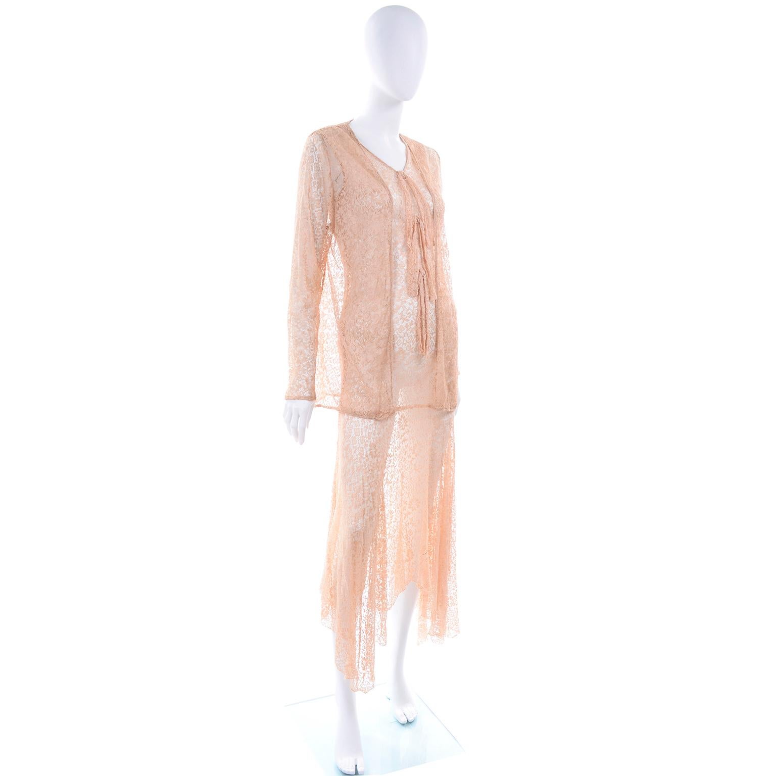 1930s Tan Peach Stretch Lace Dress With Bows and Matching Jacket 1