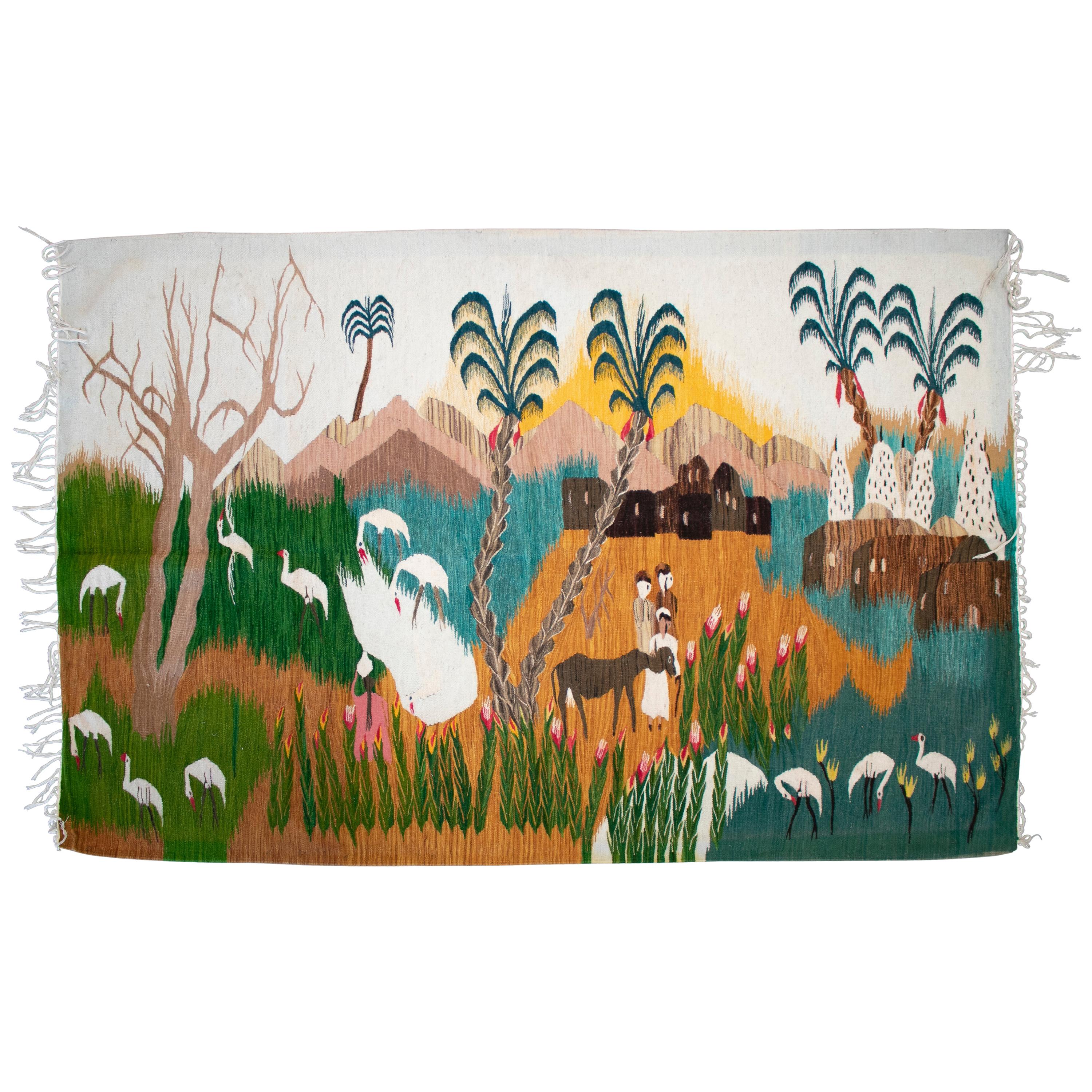 1930s Tapestry with Nile Animal and Palm Tree Scenery