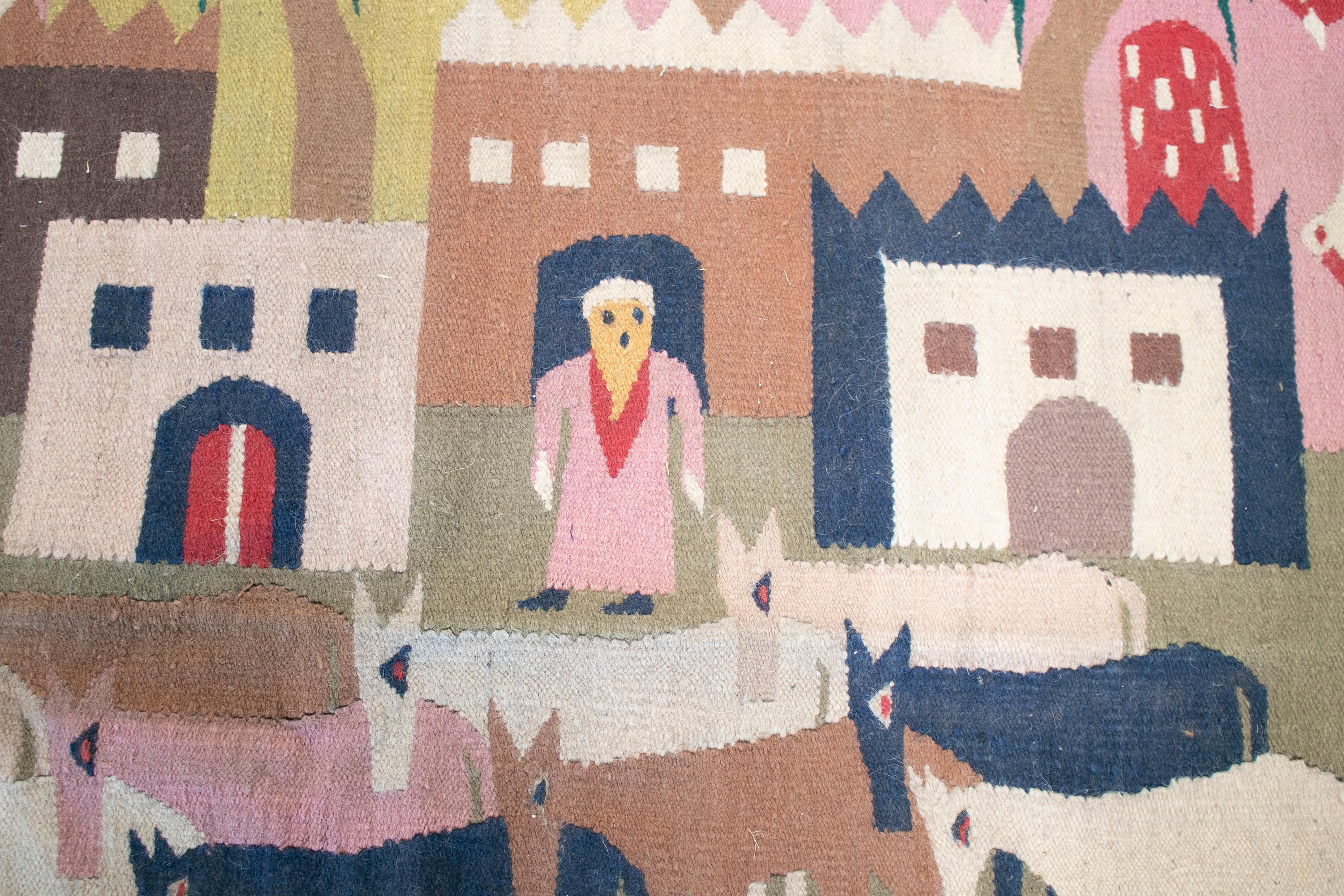 Wool 1930s Tapestry with Town Scenery For Sale
