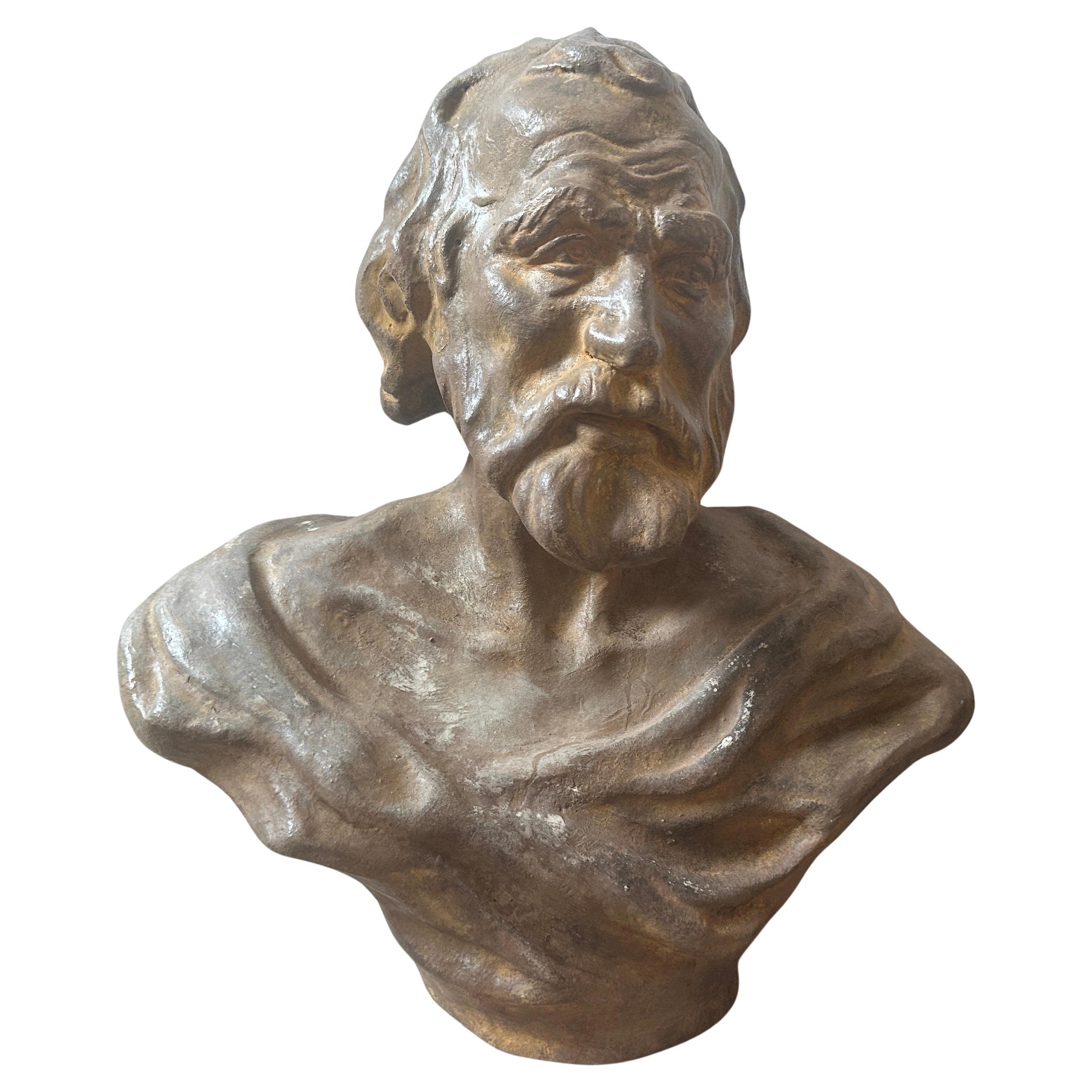 Buste sicilien de Seneca, philosophe, en terre cuite des années 1930