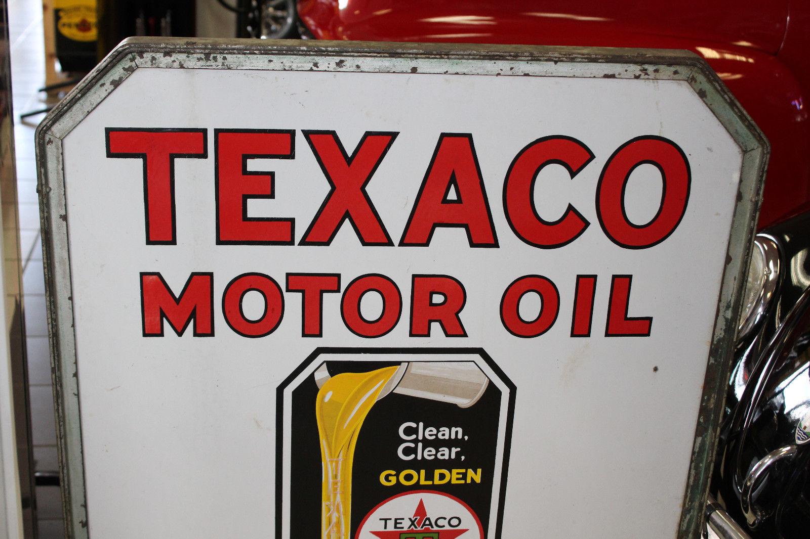 Mid-20th Century 1930s Texaco Motor Oil Double-Sided Porcelain Curb Sign For Sale