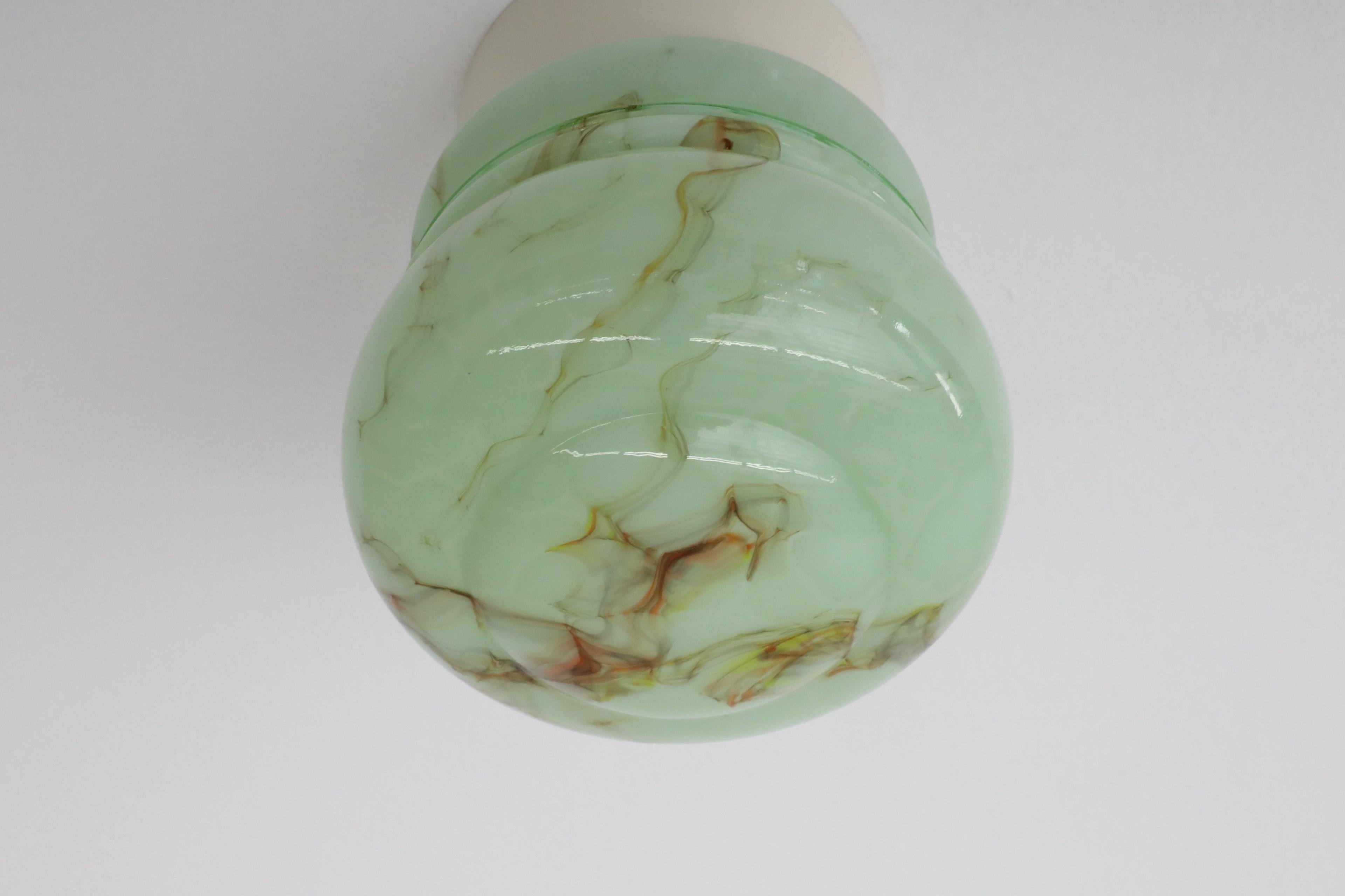 1930s Thabur Art Deco Flush Mount Mint Green and Brown Marbled Glass Sconce 4