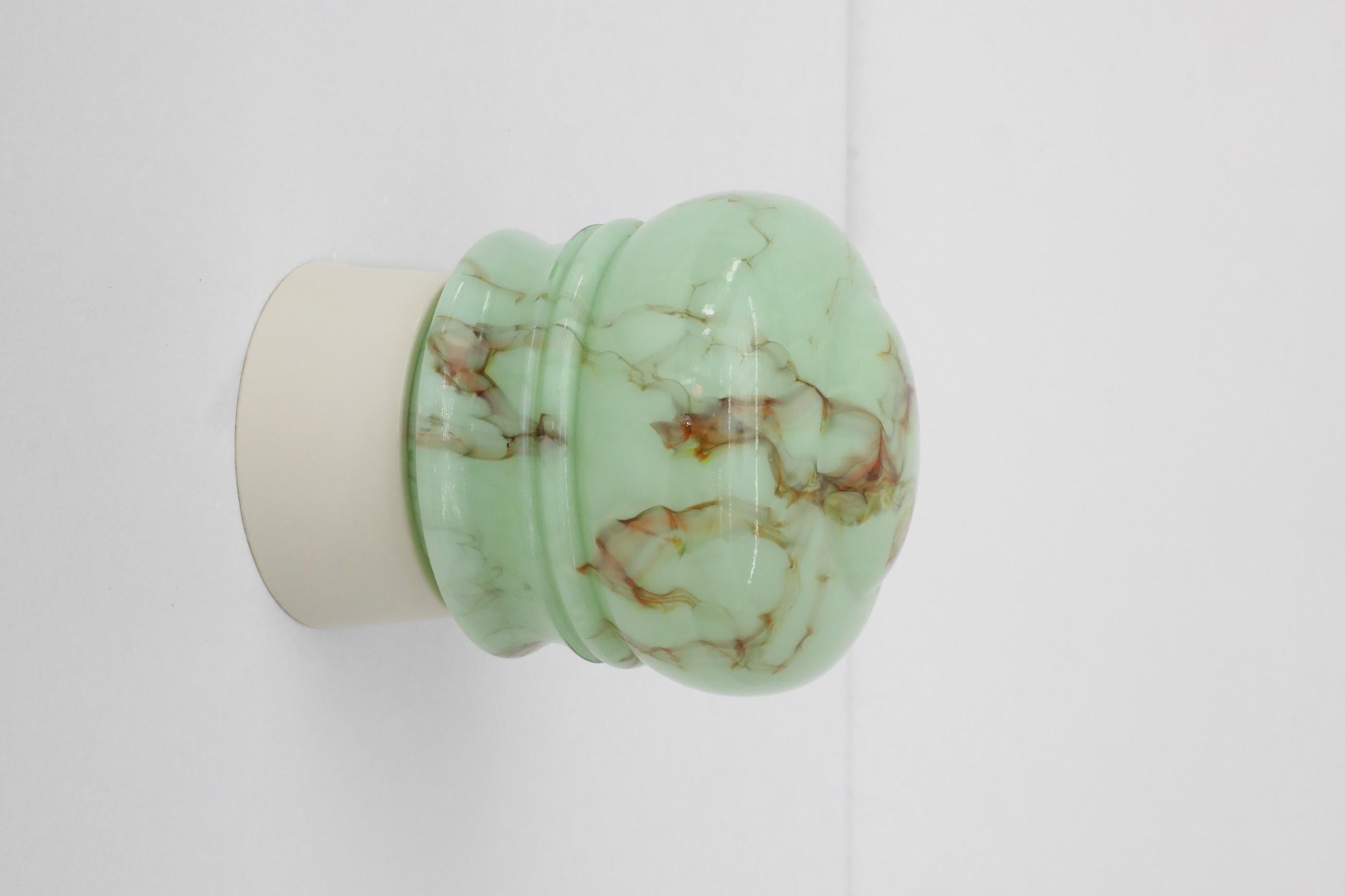 1930s Thabur Art Deco Flush Mount Mint Green and Brown Marbled Glass Sconce 5