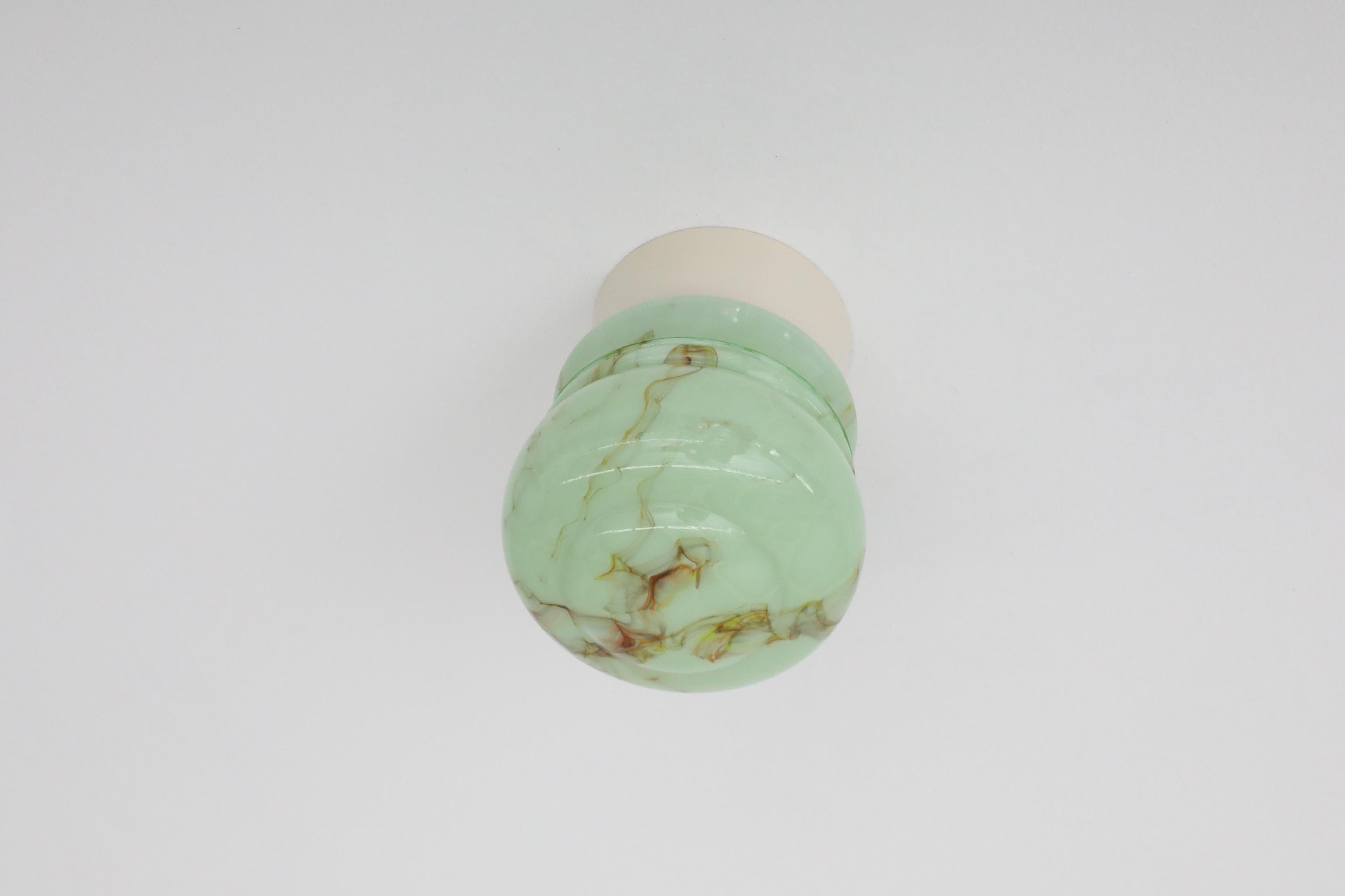 1930s Thabur Art Deco Flush Mount Mint Green and Brown Marbled Glass Sconce In Good Condition In Los Angeles, CA