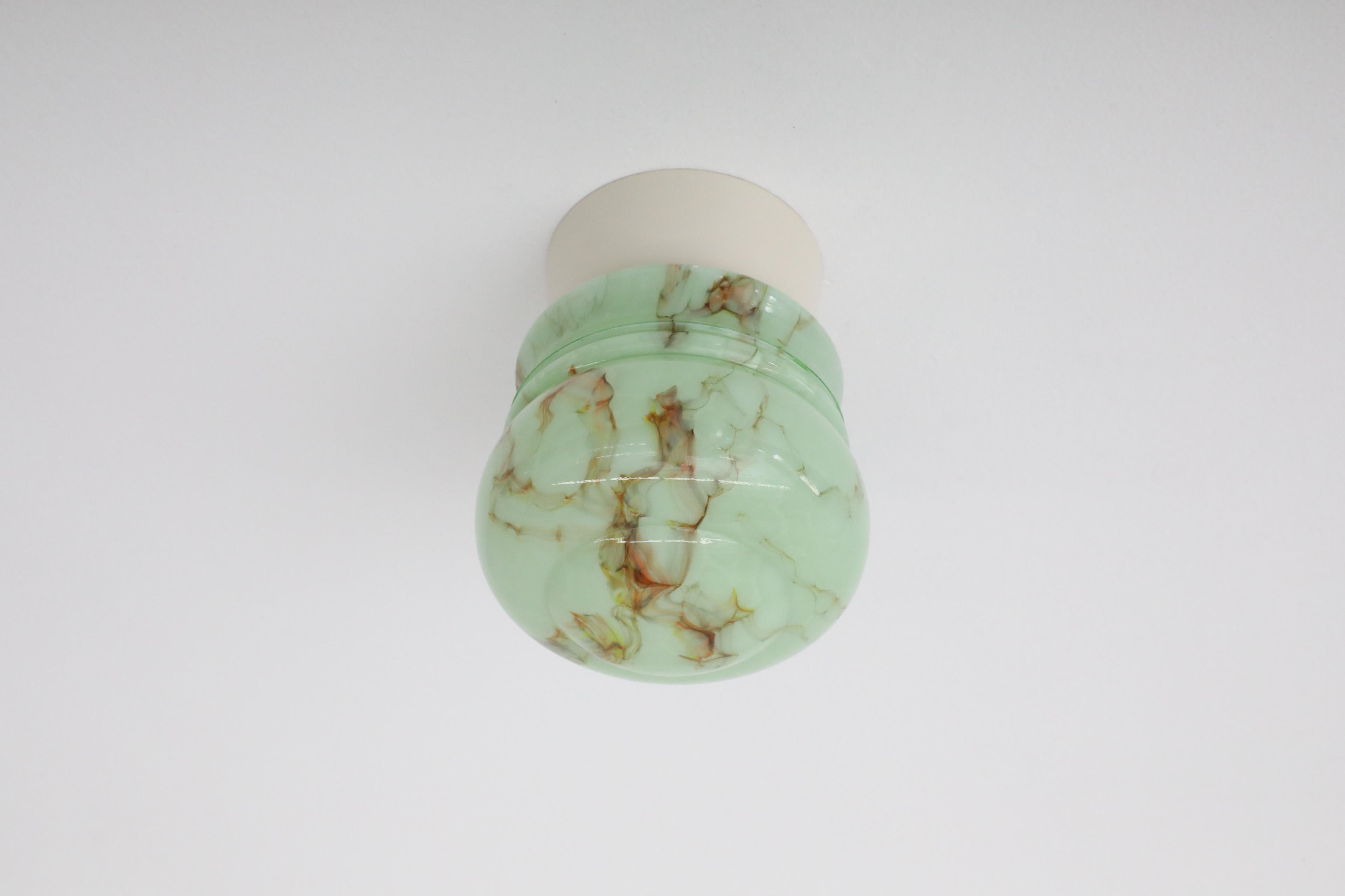 Blown Glass 1930s Thabur Art Deco Flush Mount Mint Green and Brown Marbled Glass Sconce