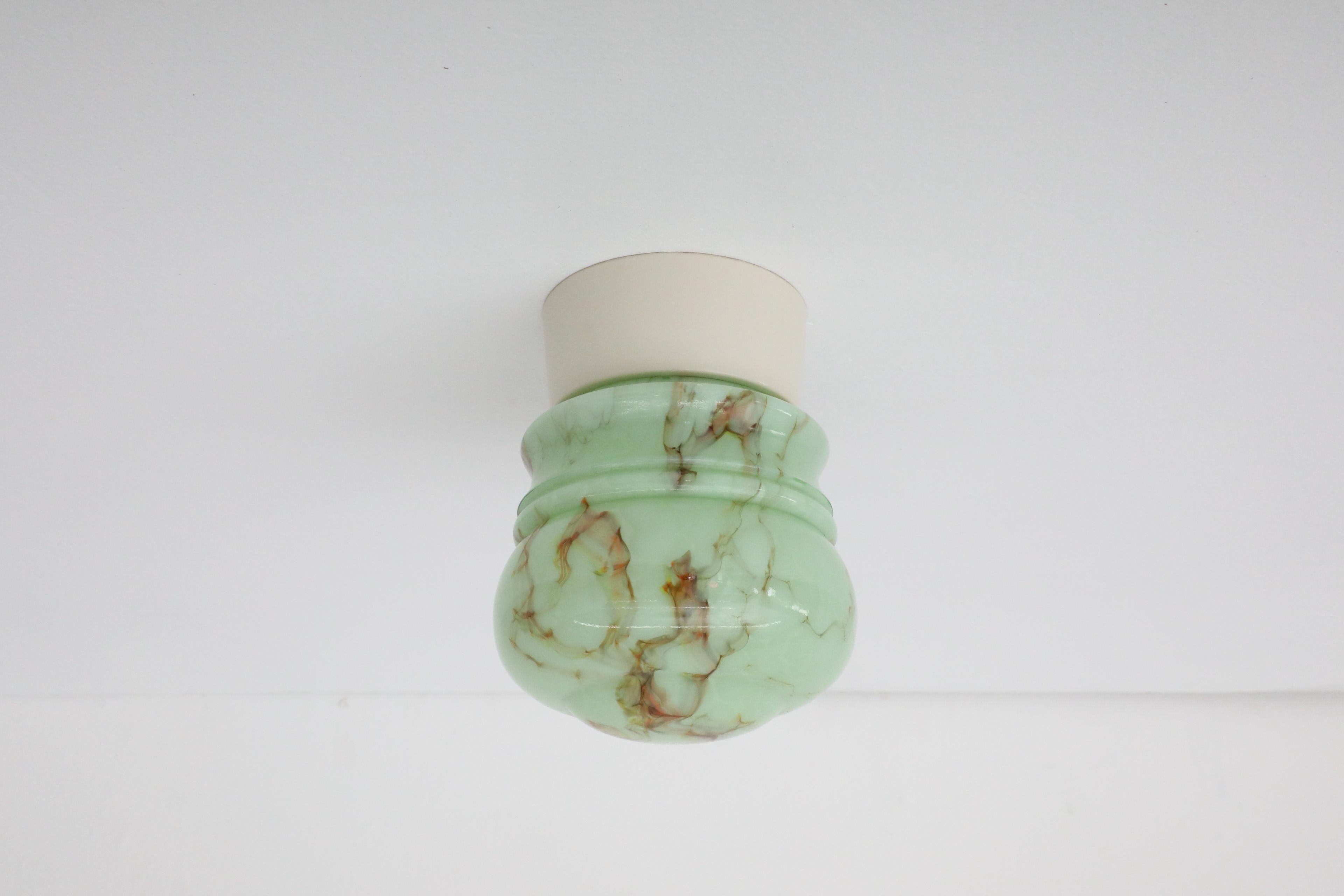 1930s Thabur Art Deco Flush Mount Mint Green and Brown Marbled Glass Sconce 2