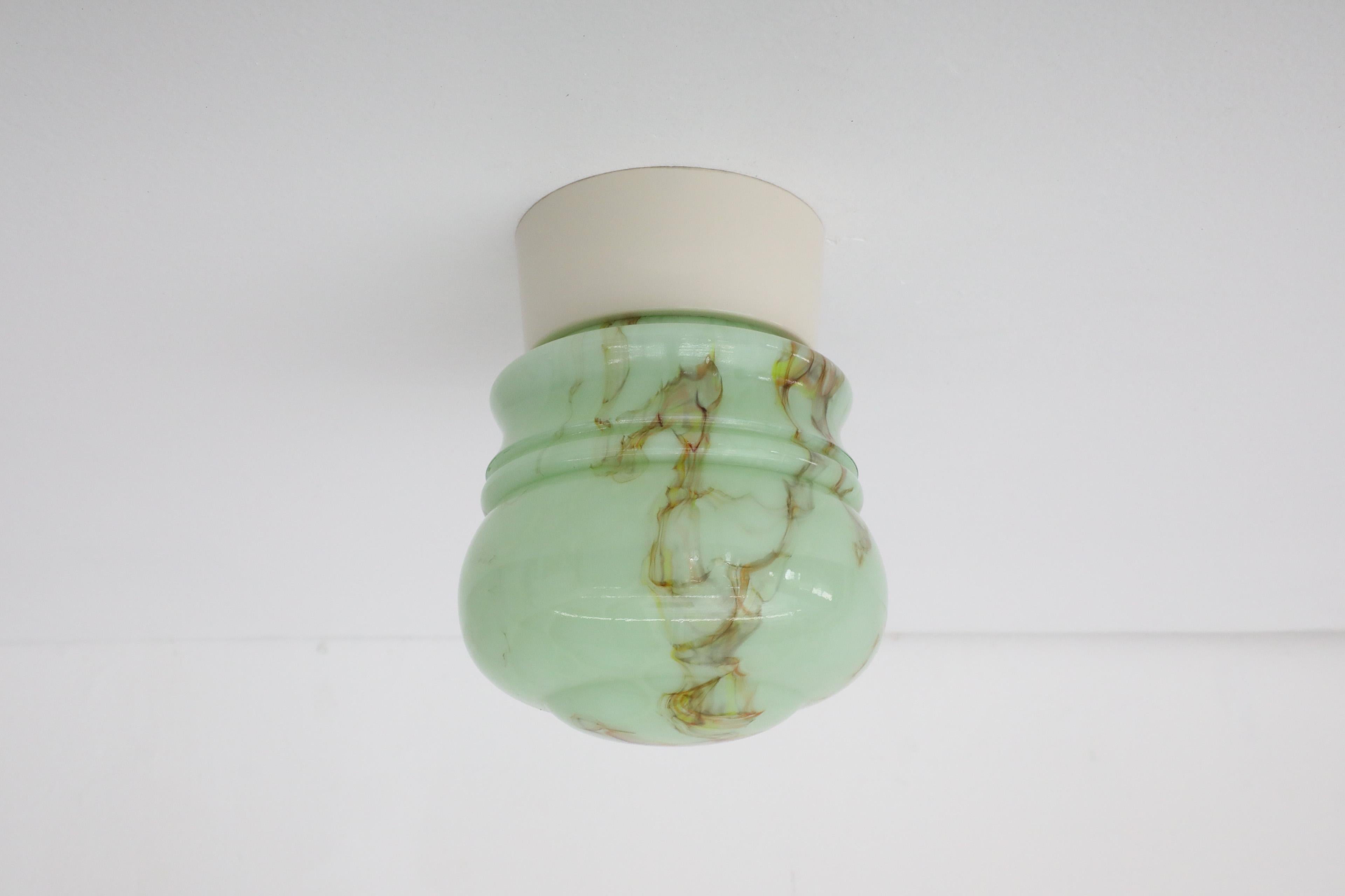 1930s Thabur Art Deco Flush Mount Mint Green and Brown Marbled Glass Sconce 3