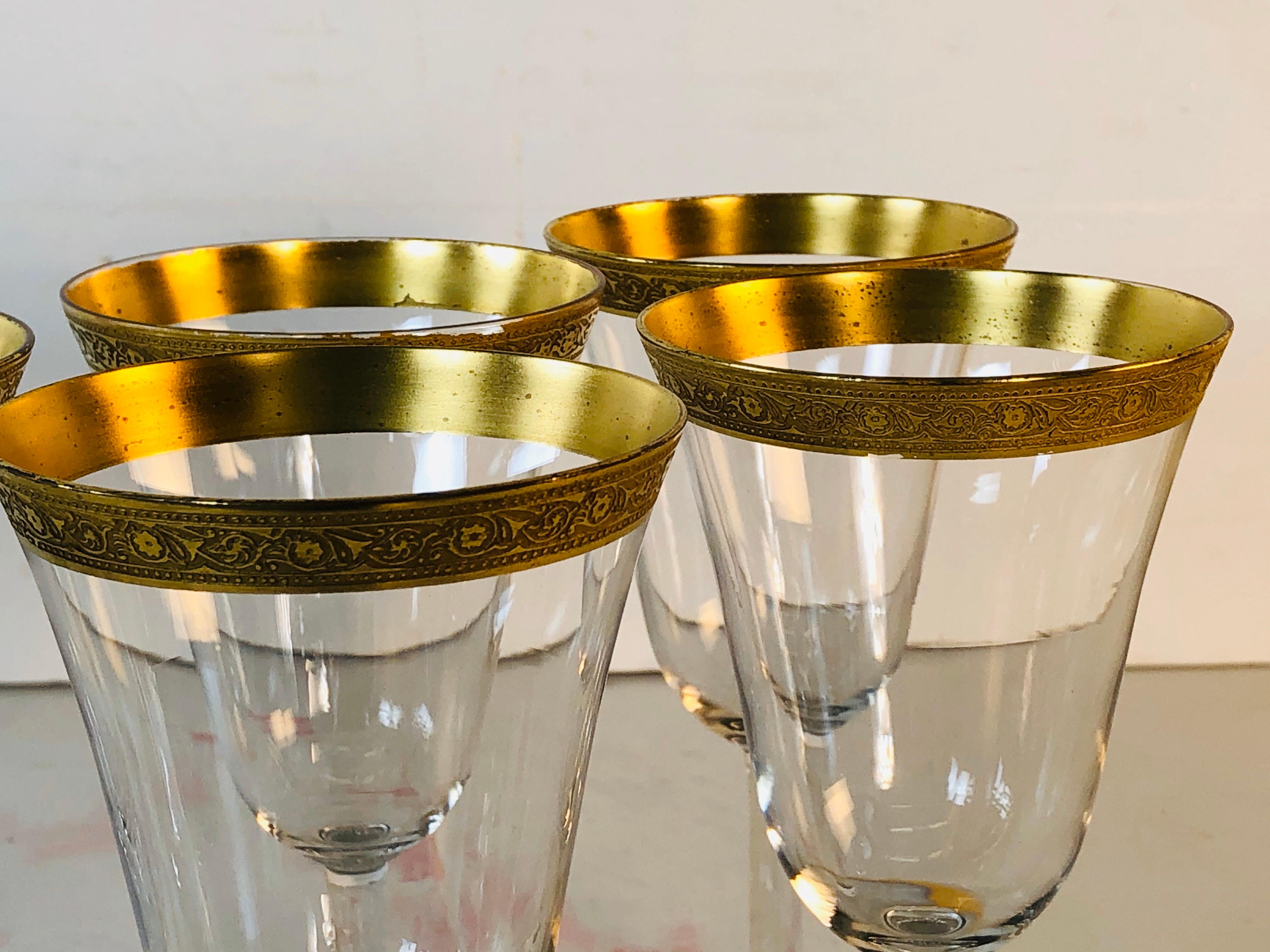1930s Tiffin Glass Gold Rim Rose Tall Stems, Set of 10 For Sale 2