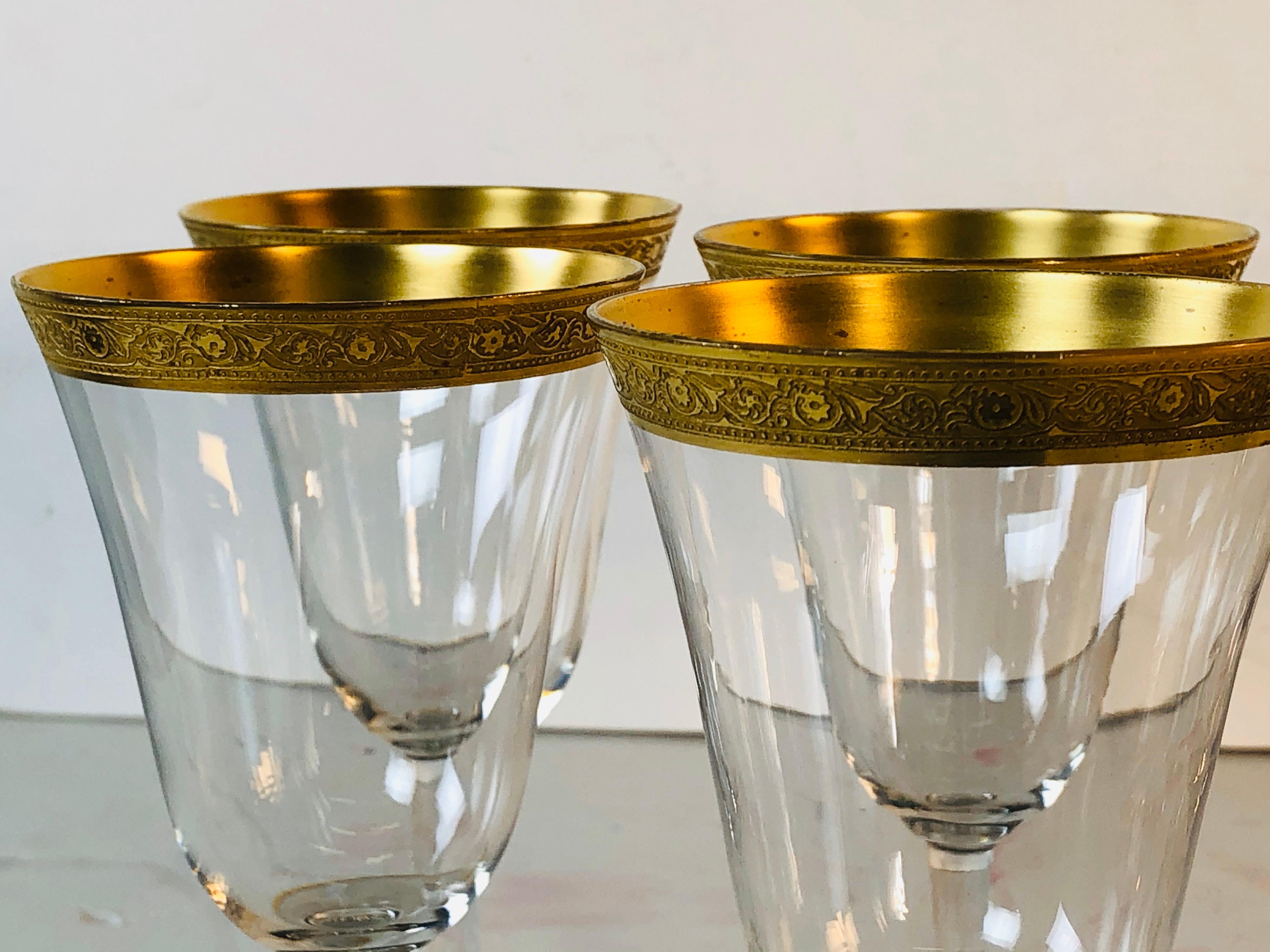 1930s Tiffin Glass Gold Rim Rose Tall Stems, Set of 10 For Sale 3