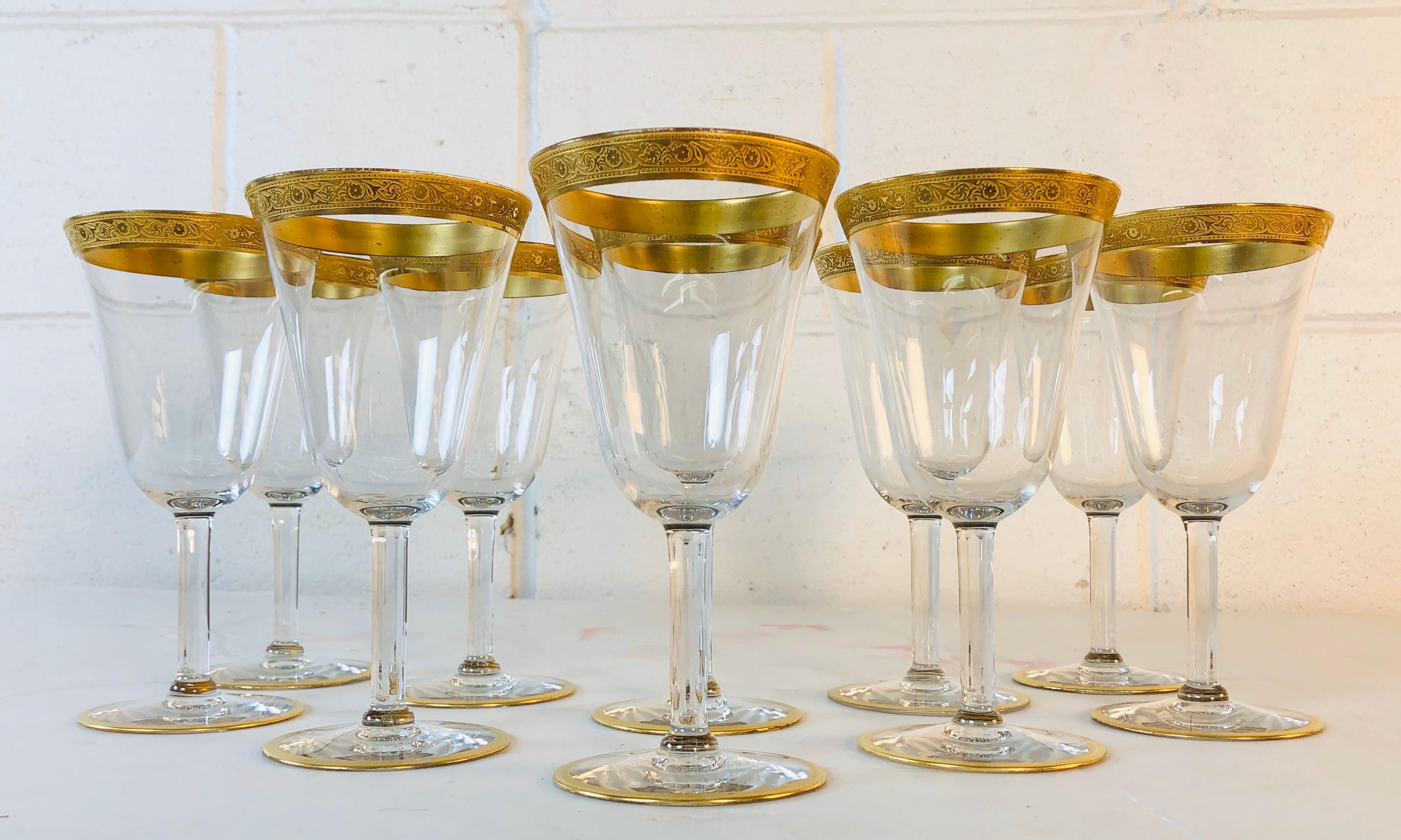 1930s Tiffin Glass Gold Rim Rose Tall Stems, Set of 10 For Sale 4