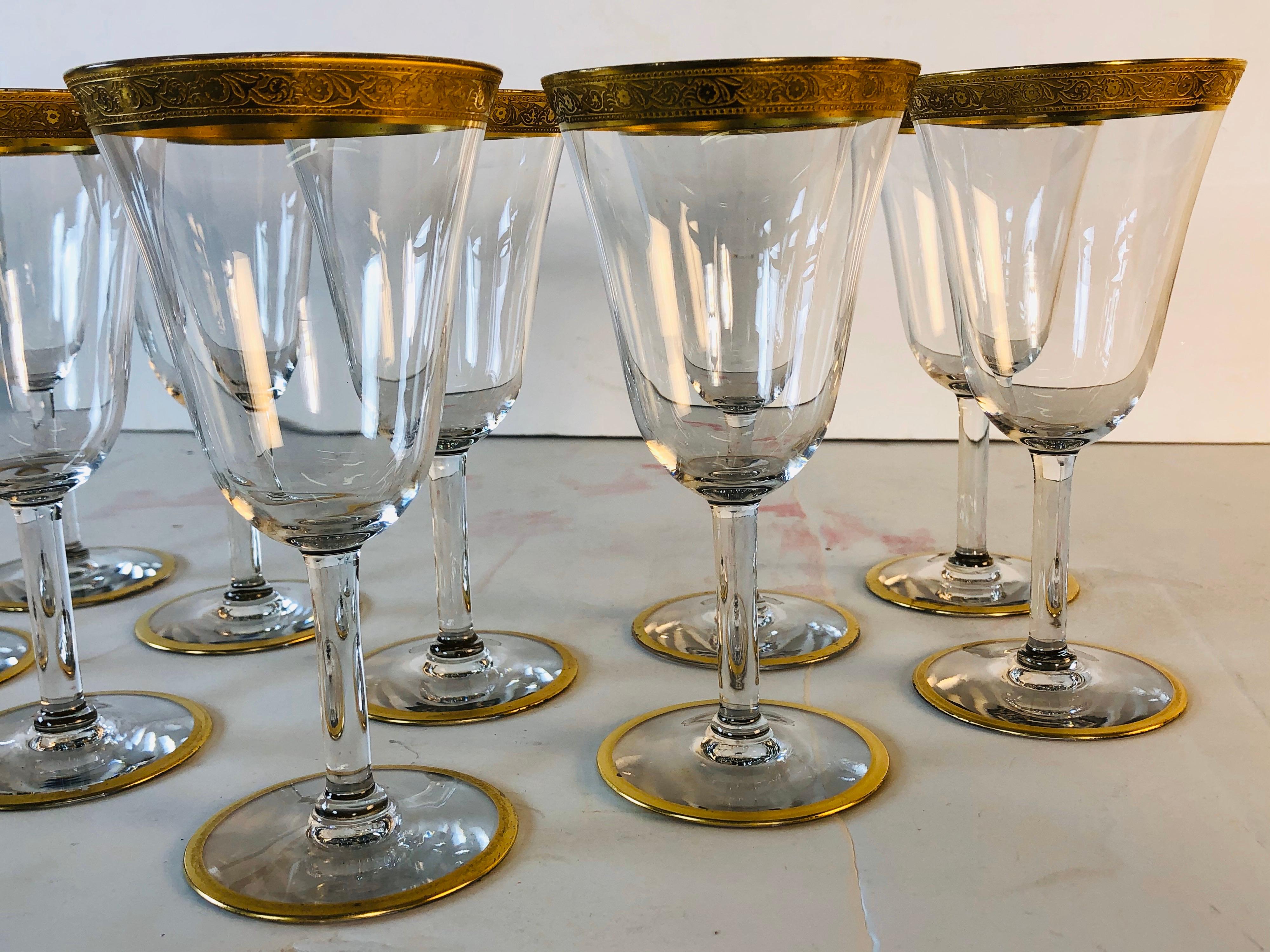 Hollywood Regency 1930s Tiffin Glass Gold Rim Rose Tall Stems, Set of 10 For Sale