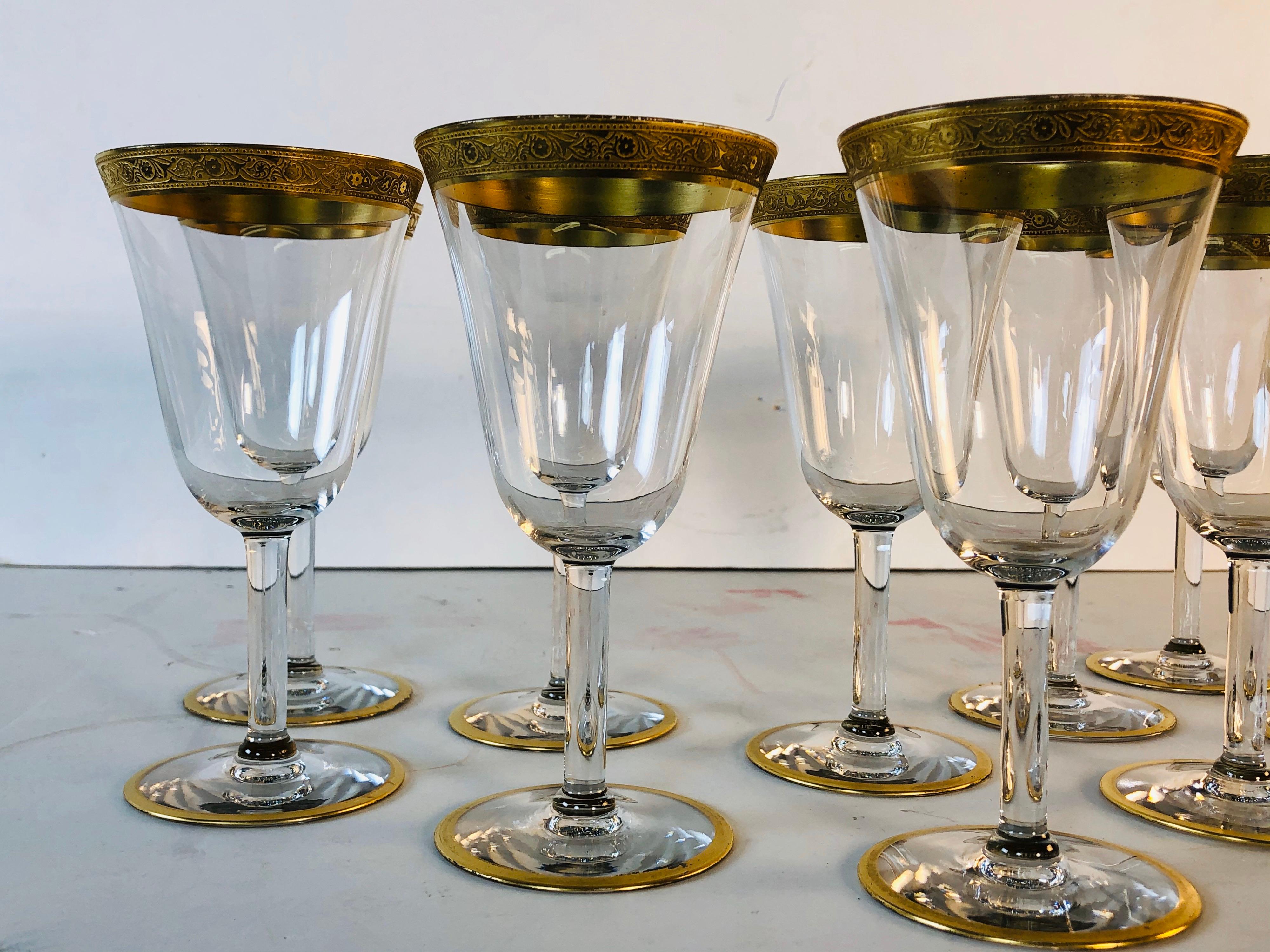 American 1930s Tiffin Glass Gold Rim Rose Tall Stems, Set of 10 For Sale