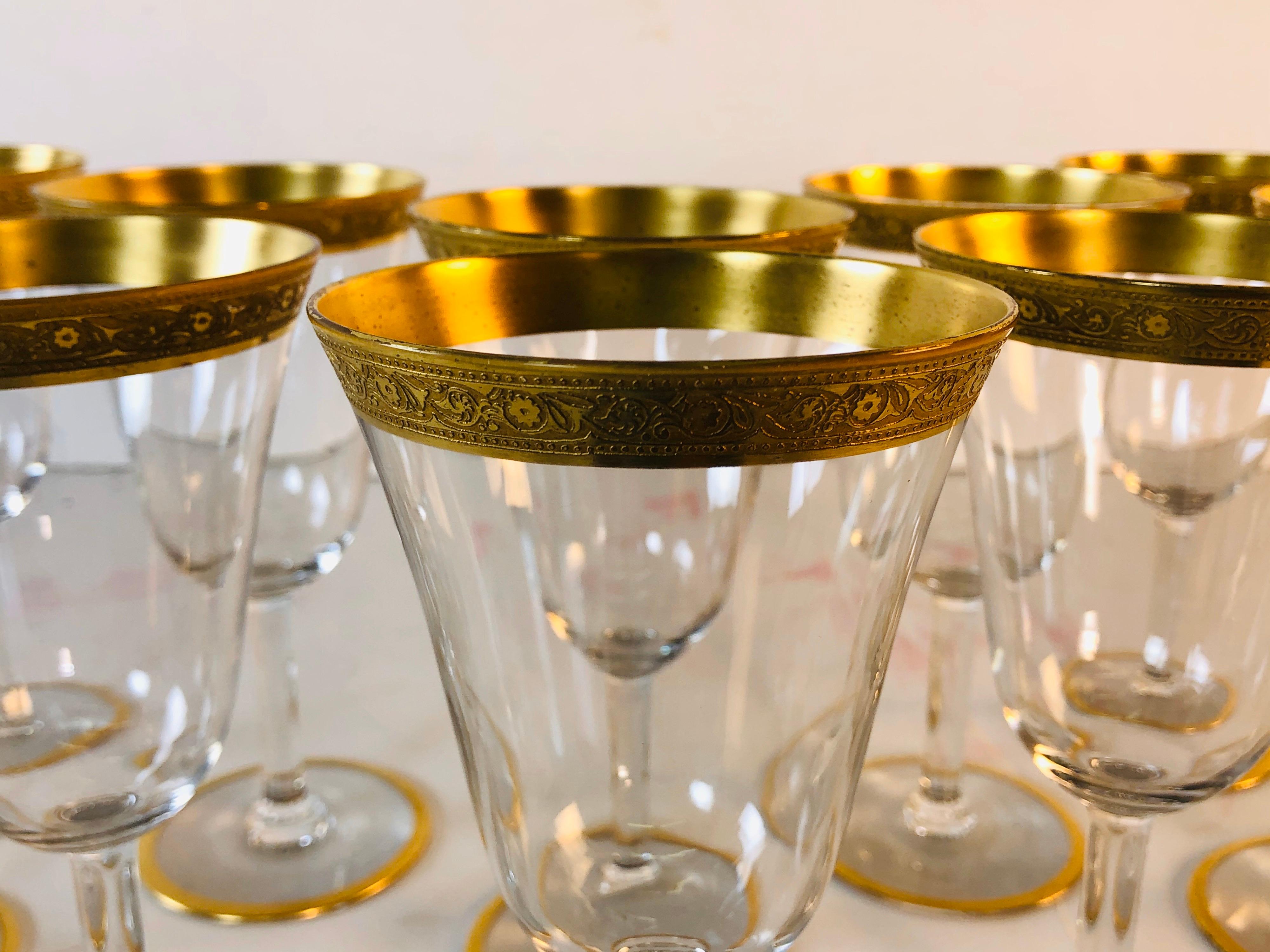 1930s Tiffin Glass Gold Rim Rose Tall Stems, Set of 10 In Good Condition For Sale In Amherst, NH